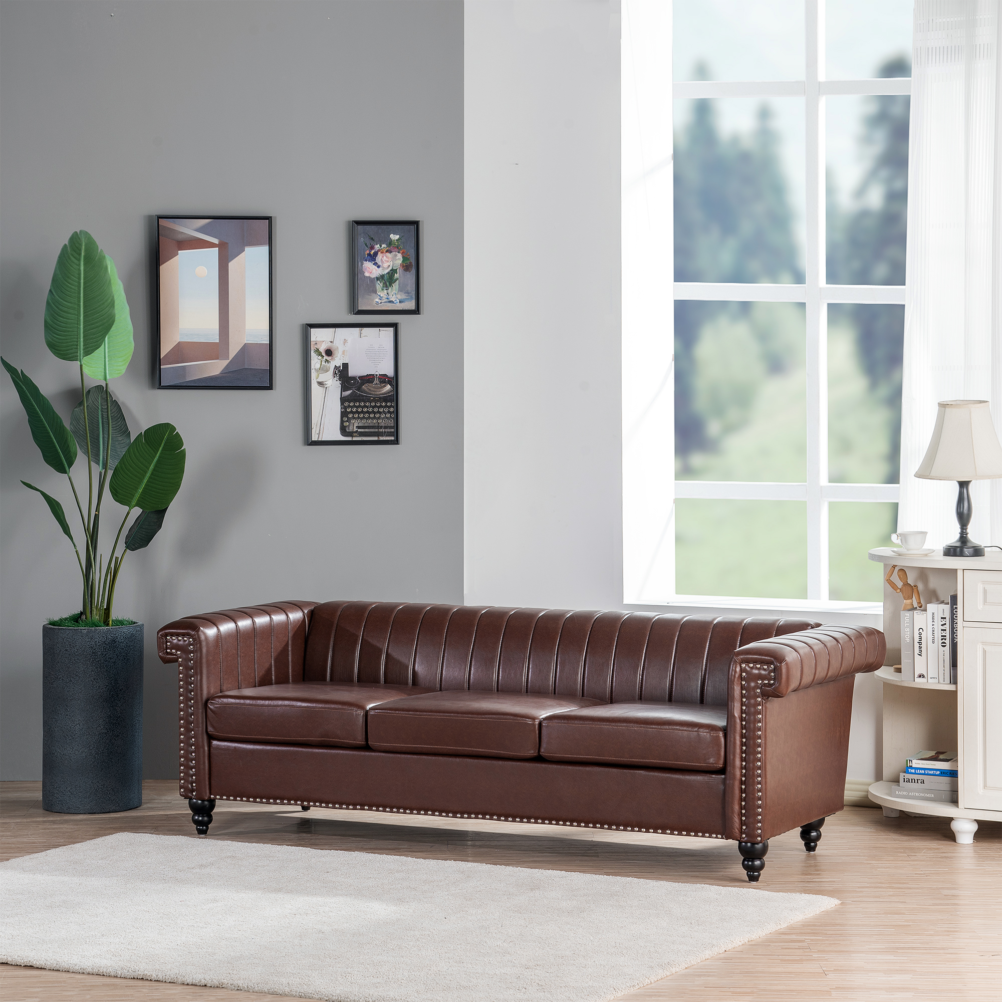 Canddidliike Traditional Sofa Couches for Living Room, Upholstered 3 seater Sofa Square Arm Dark Brown