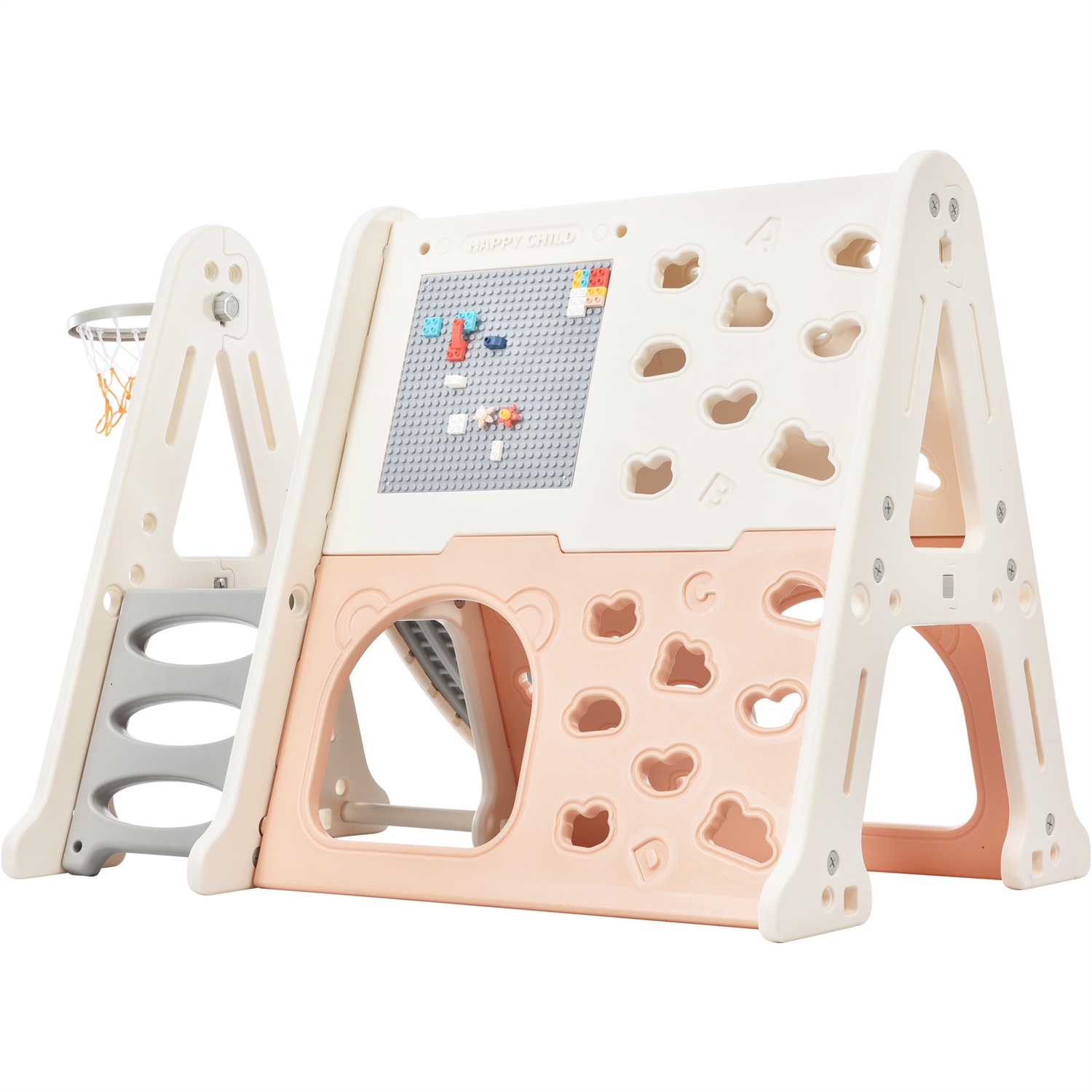 CIPACHO 7-in-1 Toddler Climber Slide Playset with Basketball Hoop, Tunnel, Art Drawing Board, Toy Building Block Baseplates, Pink