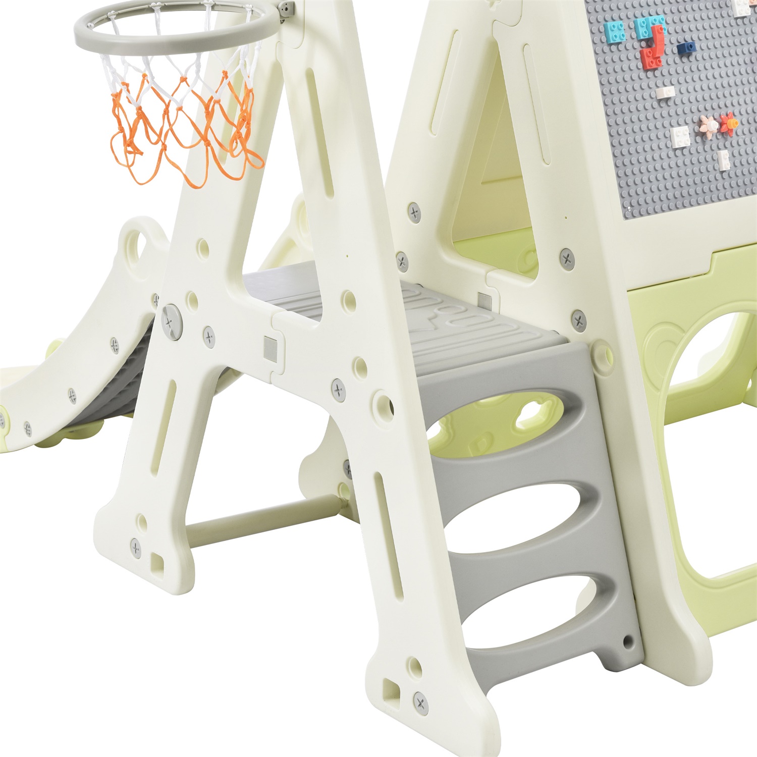 CIPACHO 7-in-1 Toddler Climber Slide Playset with Basketball Hoop, Tunnel, Art Drawing Board, Toy Building Block Baseplates, Green