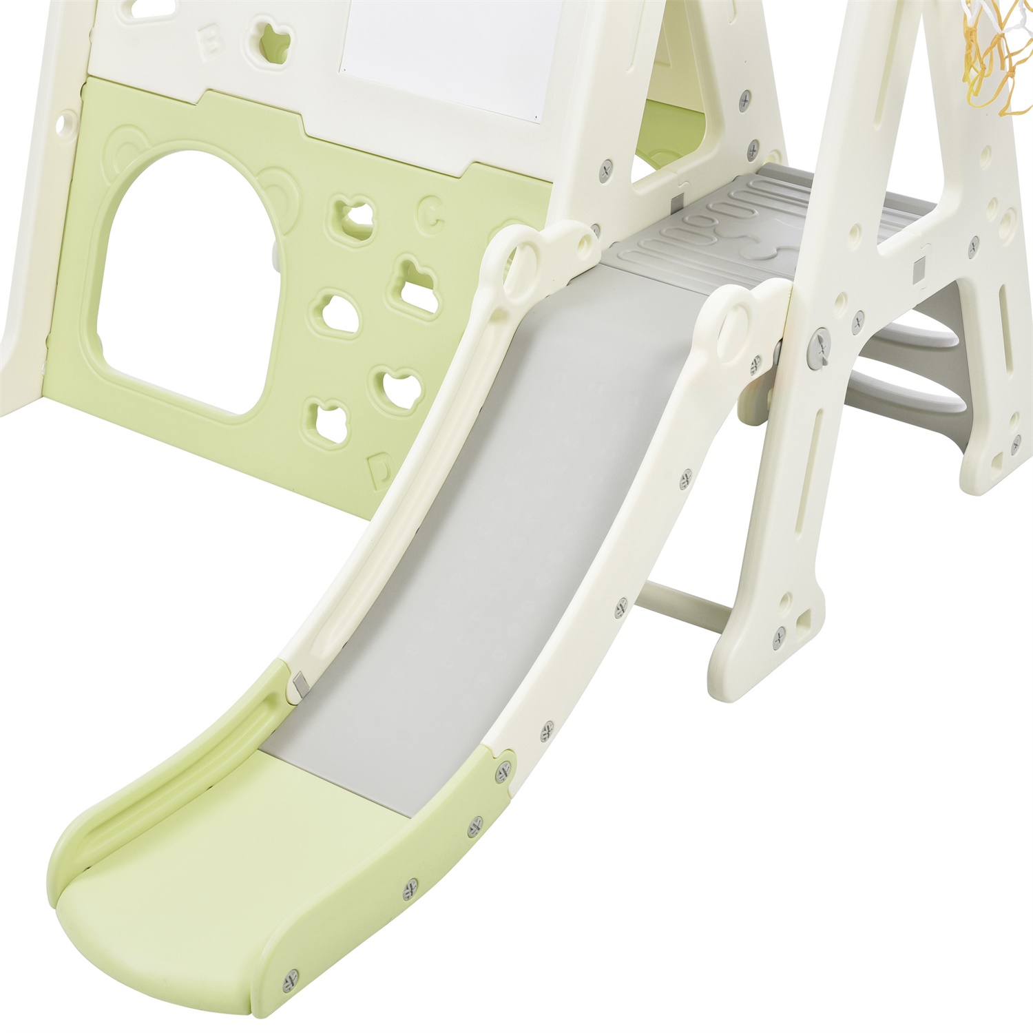 CIPACHO 7-in-1 Toddler Climber Slide Playset with Basketball Hoop, Tunnel, Art Drawing Board, Toy Building Block Baseplates, Green