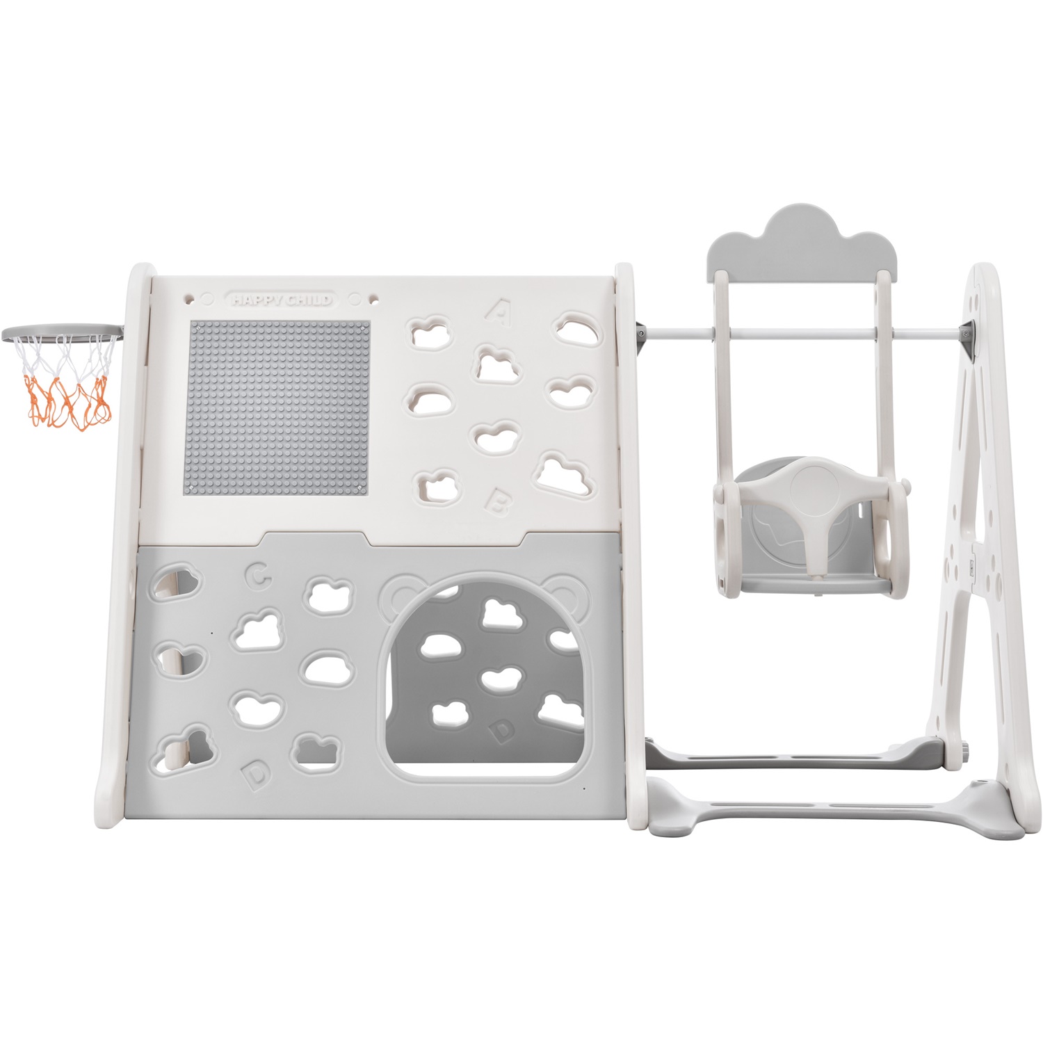 CIPACHO 6-in-1 Toddler Climber Basketball Hoop Swing Set with Tunnel, Whiteboard for Toddlers Age 1-5, Gray