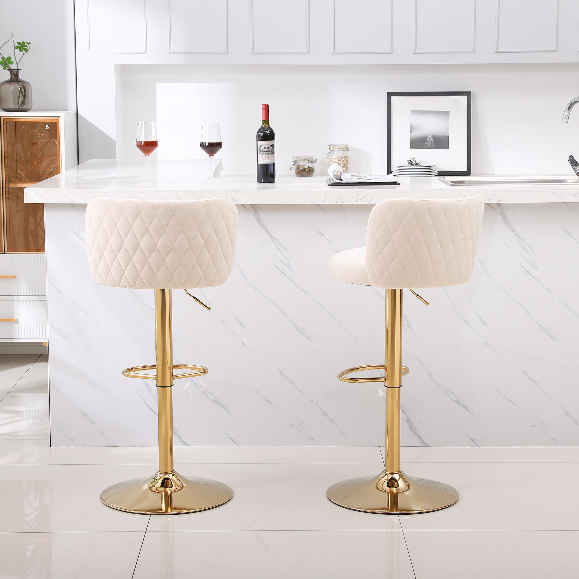 Resenkos Velvet Bar Stools Set of 2 with Footrest, Counter Stools for Bar Bistro Dining Room Kitchen, Beige