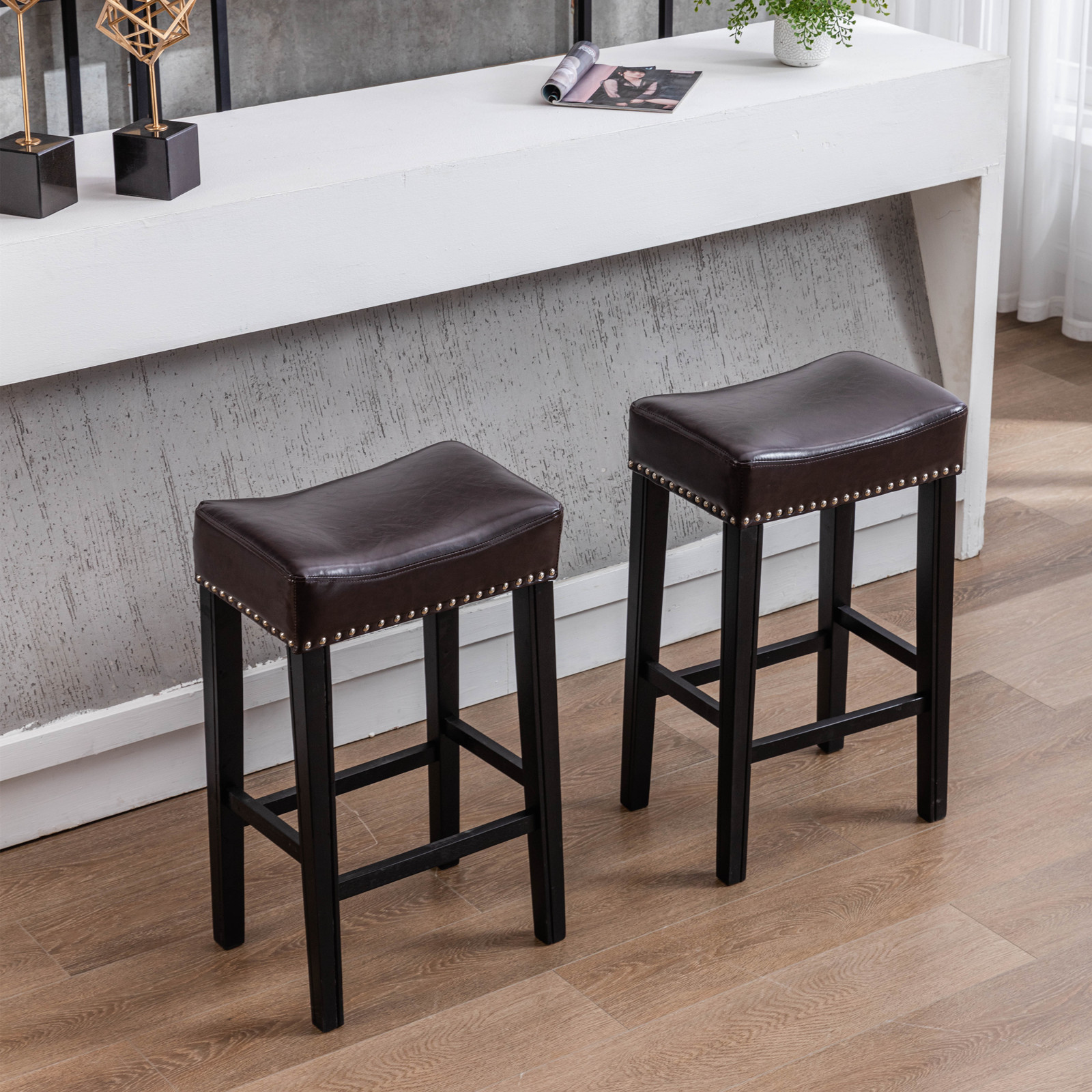 Yardi Yard Leather Backless 29" Bar Stools Set of 2 , Saddle Seat Pub Chair for Kitchen Dining Room, Brown