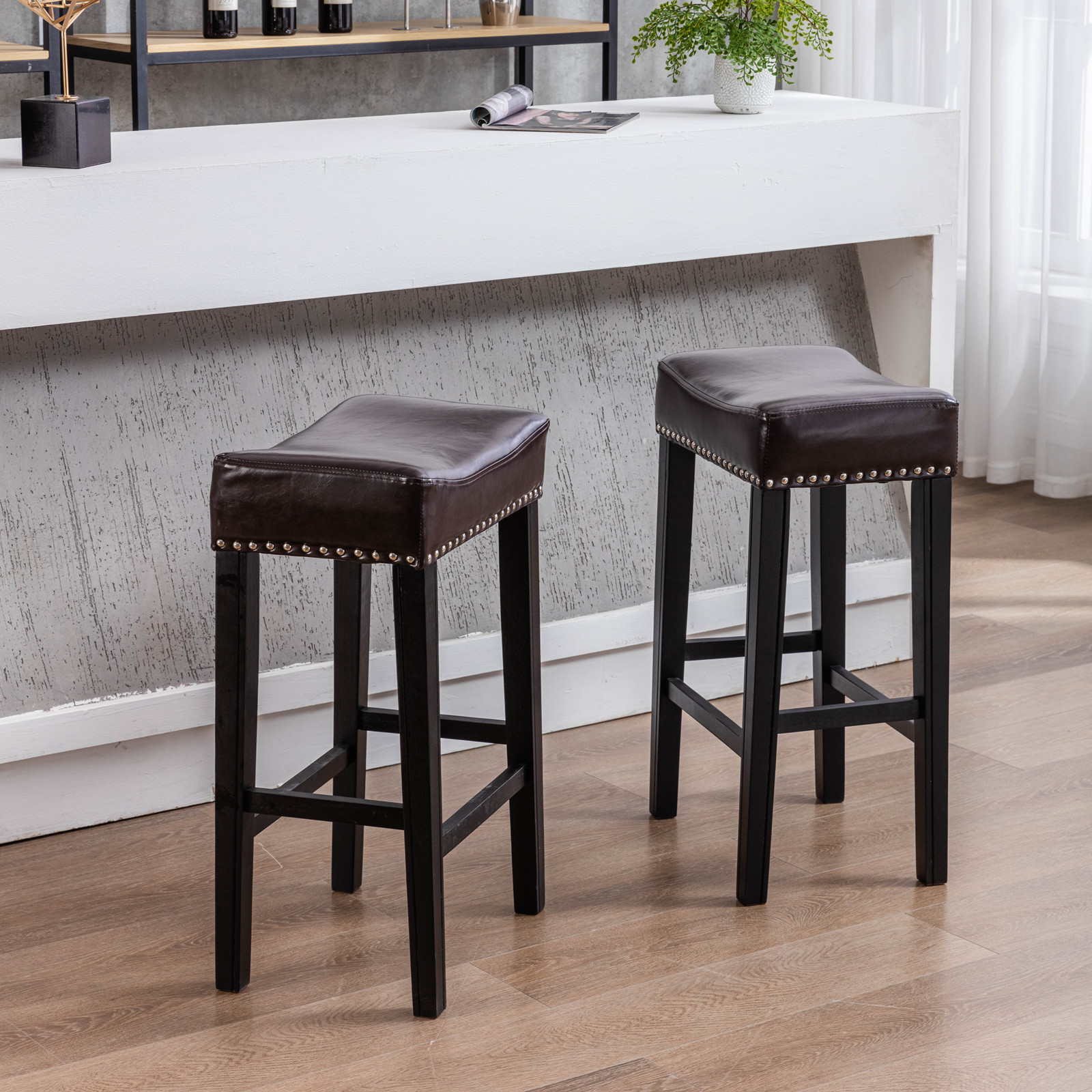 Yardi Yard Leather Backless 29" Bar Stools Set of 2 , Saddle Seat Pub Chair for Kitchen Dining Room, Brown