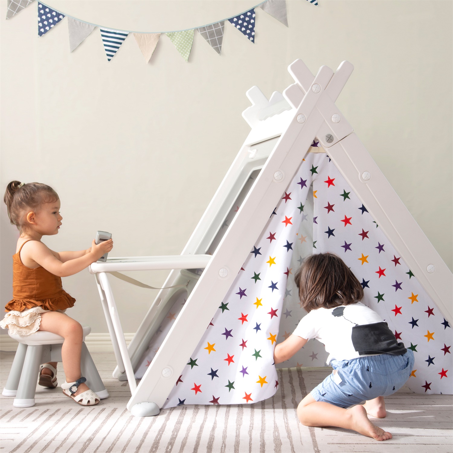 CIPACHO Foldable Kids Play Tent, 4-in-1 Playhouse with Climber, Game Table, Whiteboard for Boys Girls, Gray