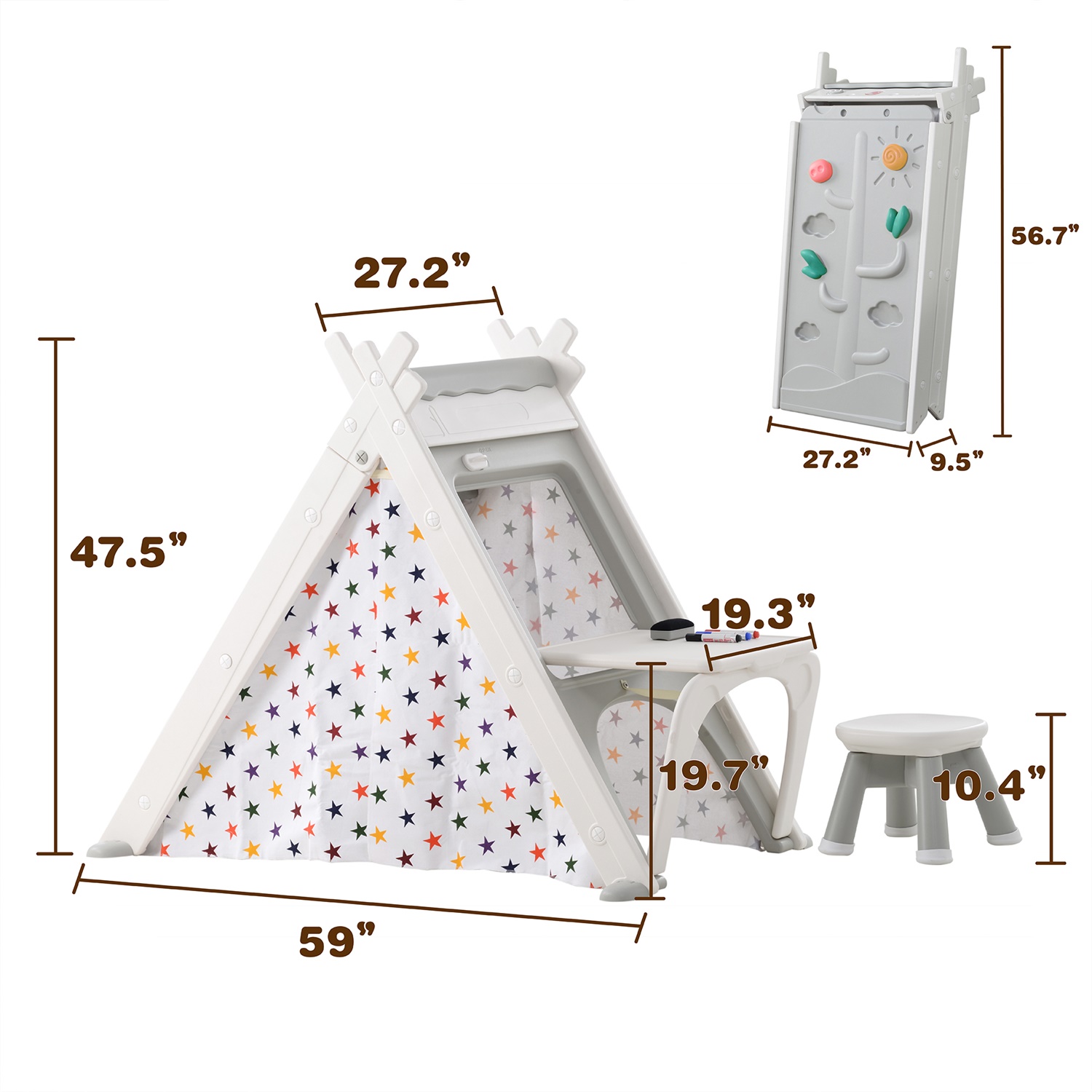 CIPACHO Foldable Kids Play Tent, 4-in-1 Playhouse with Climber, Game Table, Whiteboard for Boys Girls, Gray