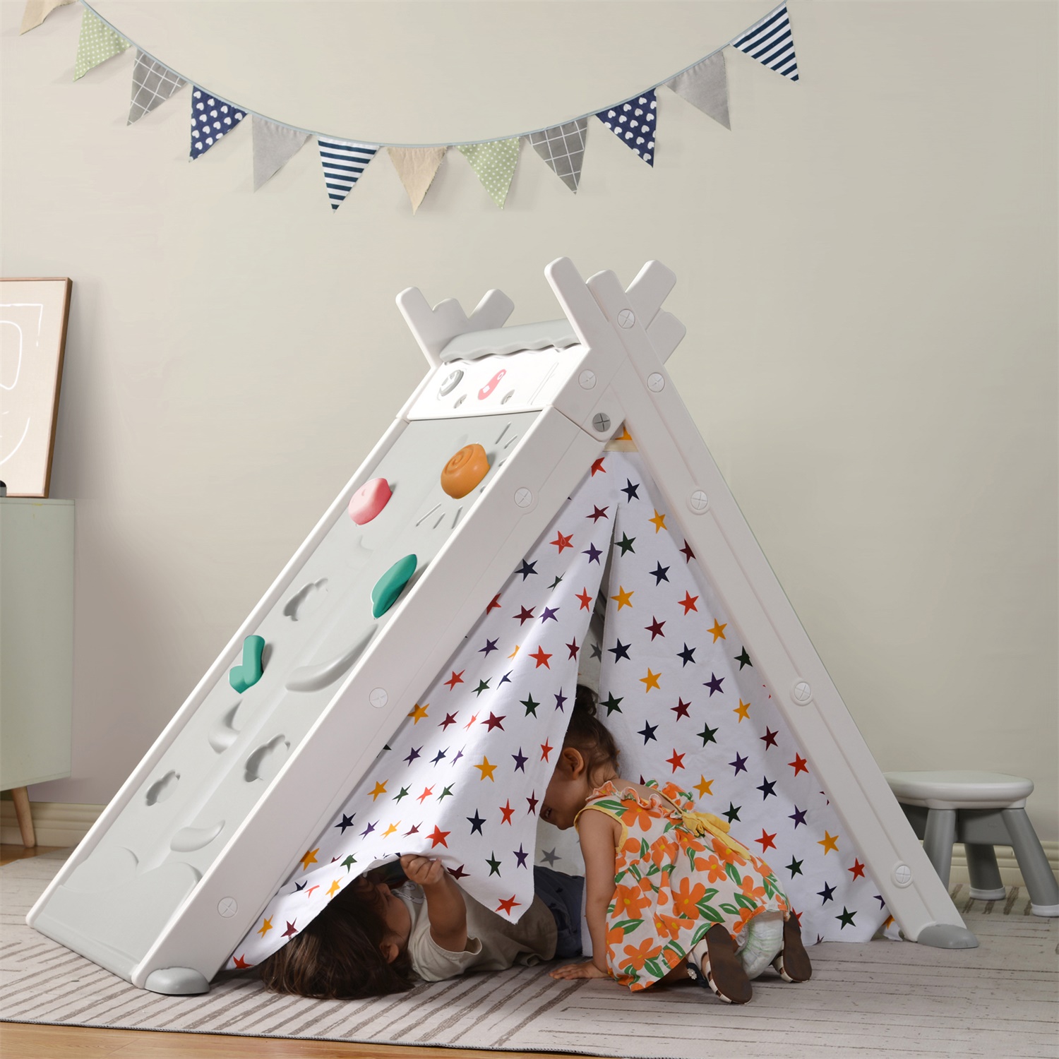 CIPACHO Foldable Kids Play Tent, 4-in-1 Playhouse with Climber, Game Table, Whiteboard for Boys Girls, Gray