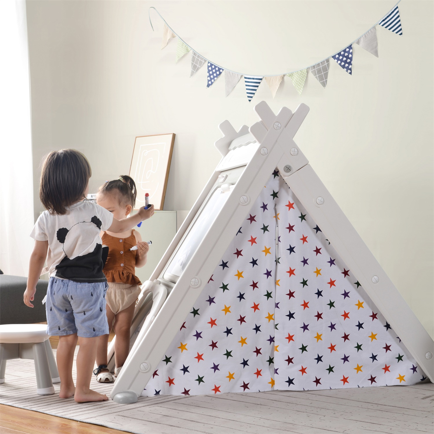 CIPACHO Foldable Kids Play Tent, 4-in-1 Playhouse with Climber, Game Table, Whiteboard for Boys Girls, Gray