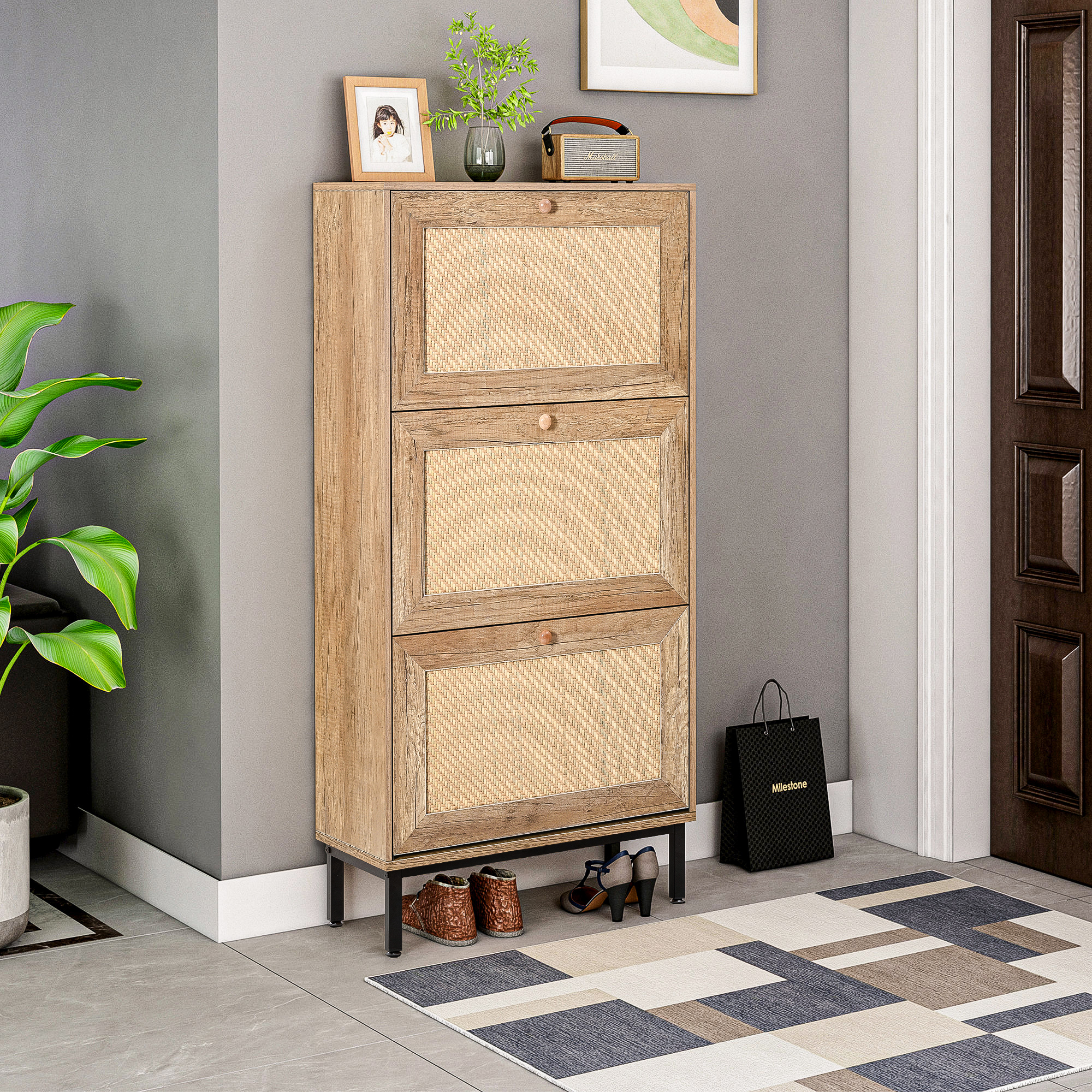 Spaco Rattan 3-Flip Drawer Shoe Cabinet Shoe Cabinet Organizer Freestanding Shoe for Bedroom