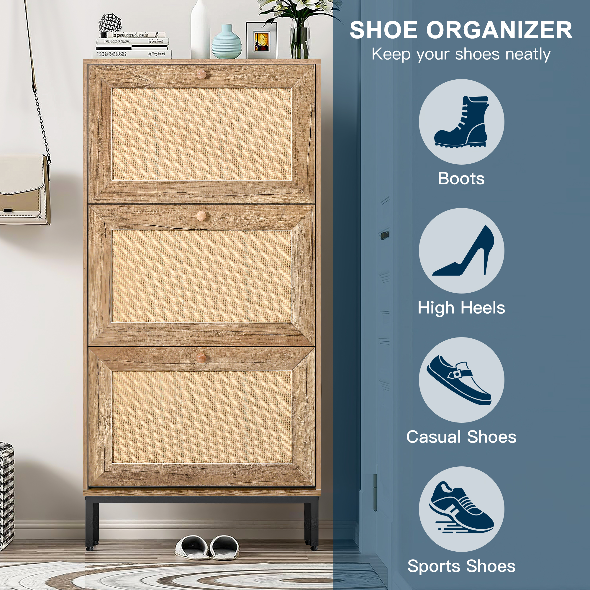 Spaco Rattan 3-Flip Drawer Shoe Cabinet Shoe Cabinet Organizer Freestanding Shoe for Bedroom