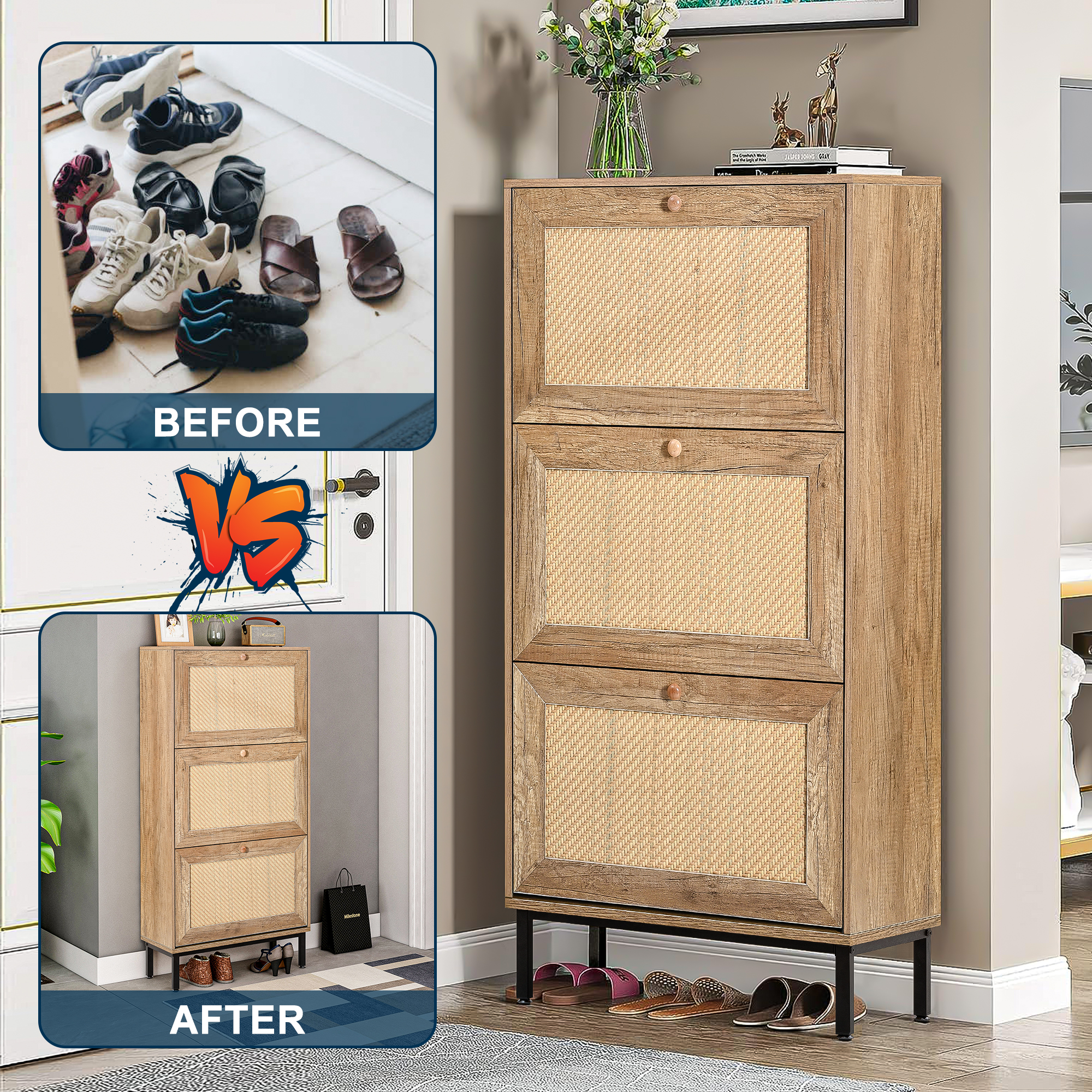 Spaco Rattan 3-Flip Drawer Shoe Cabinet Shoe Cabinet Organizer Freestanding Shoe for Bedroom