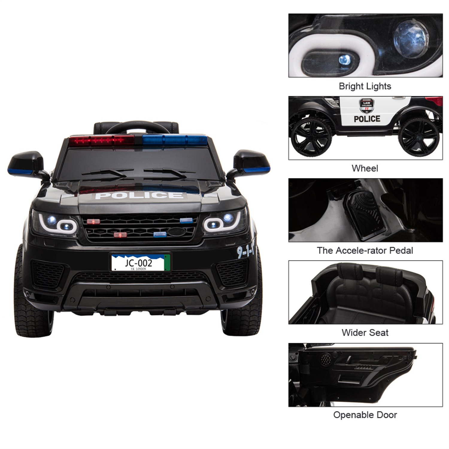 CIPACHO 12V Powered Ride Ons Electric Police Cars for Kids with LED Flashing Light, Music & Horn, Remote Control, Black