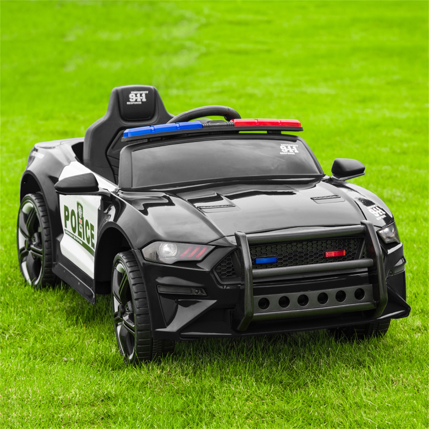 CIPACHO 12V Kids Ride On Car, Police Sports Car with Remote Control, LED Lights, Siren, Microphone, Black