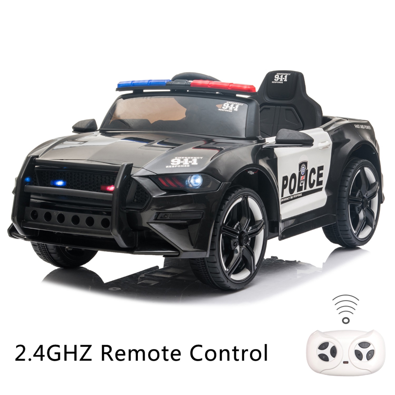 CIPACHO 12V Kids Ride On Car, Police Sports Car with Remote Control, LED Lights, Siren, Microphone, Black