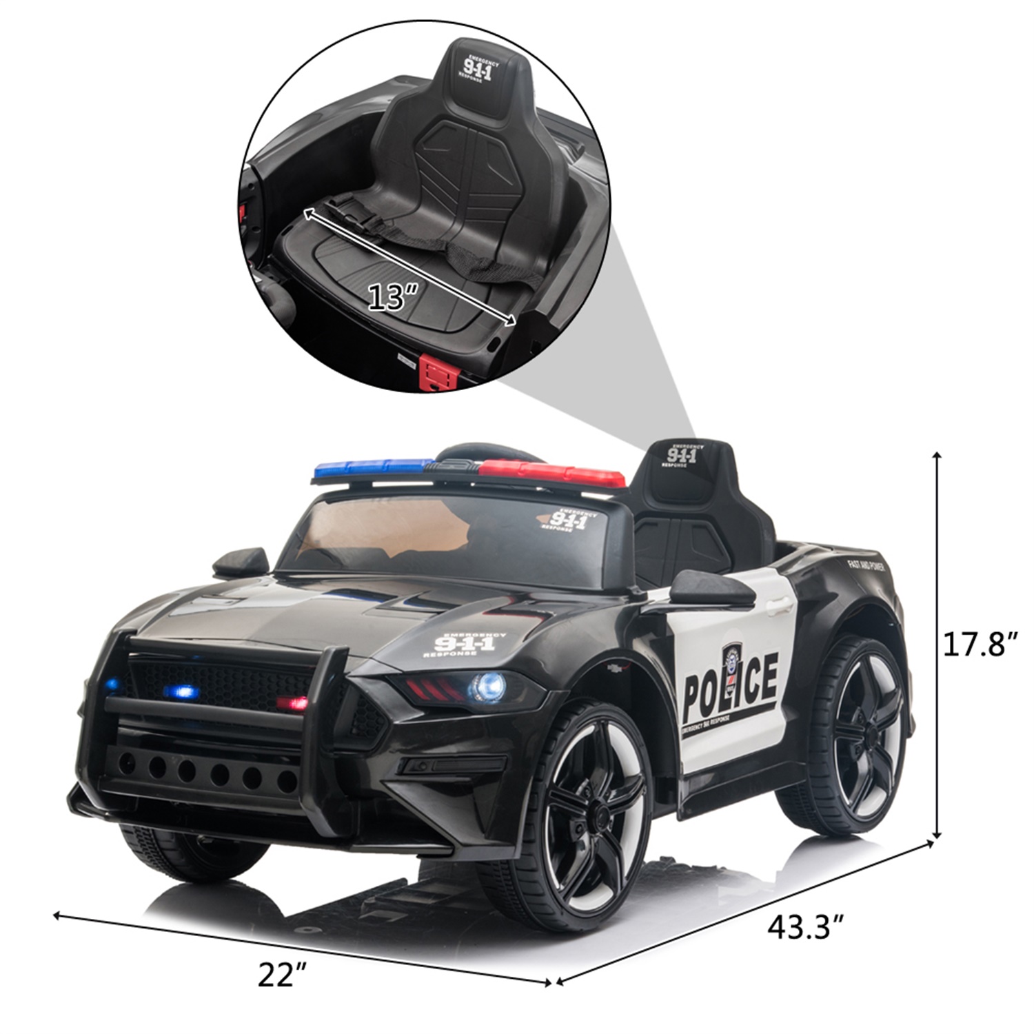 CIPACHO 12V Kids Ride On Car, Police Sports Car with Remote Control, LED Lights, Siren, Microphone, Black