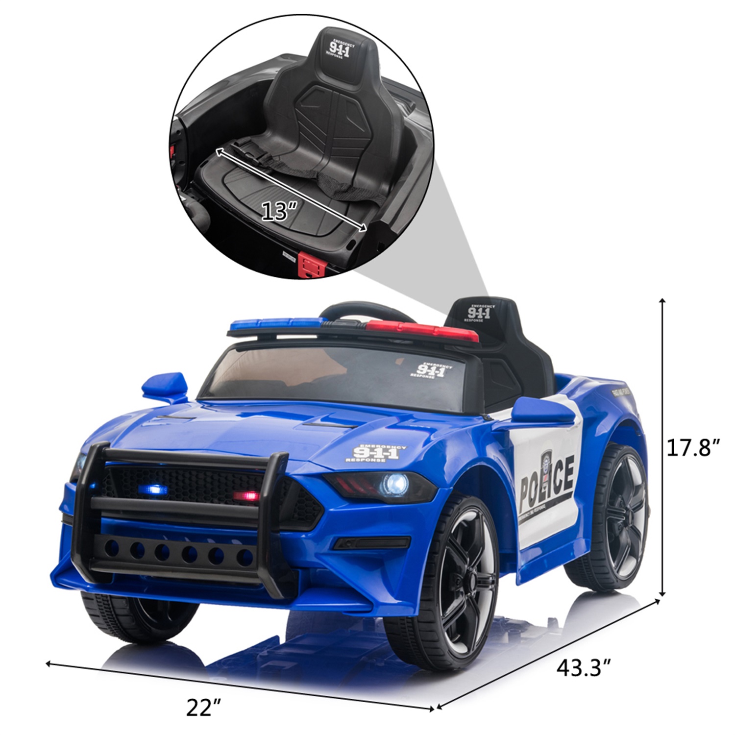 CIPACHO 12V Kids Ride On Car, Police Sports Car with Remote Control, LED Lights, Siren, Microphone, Blue