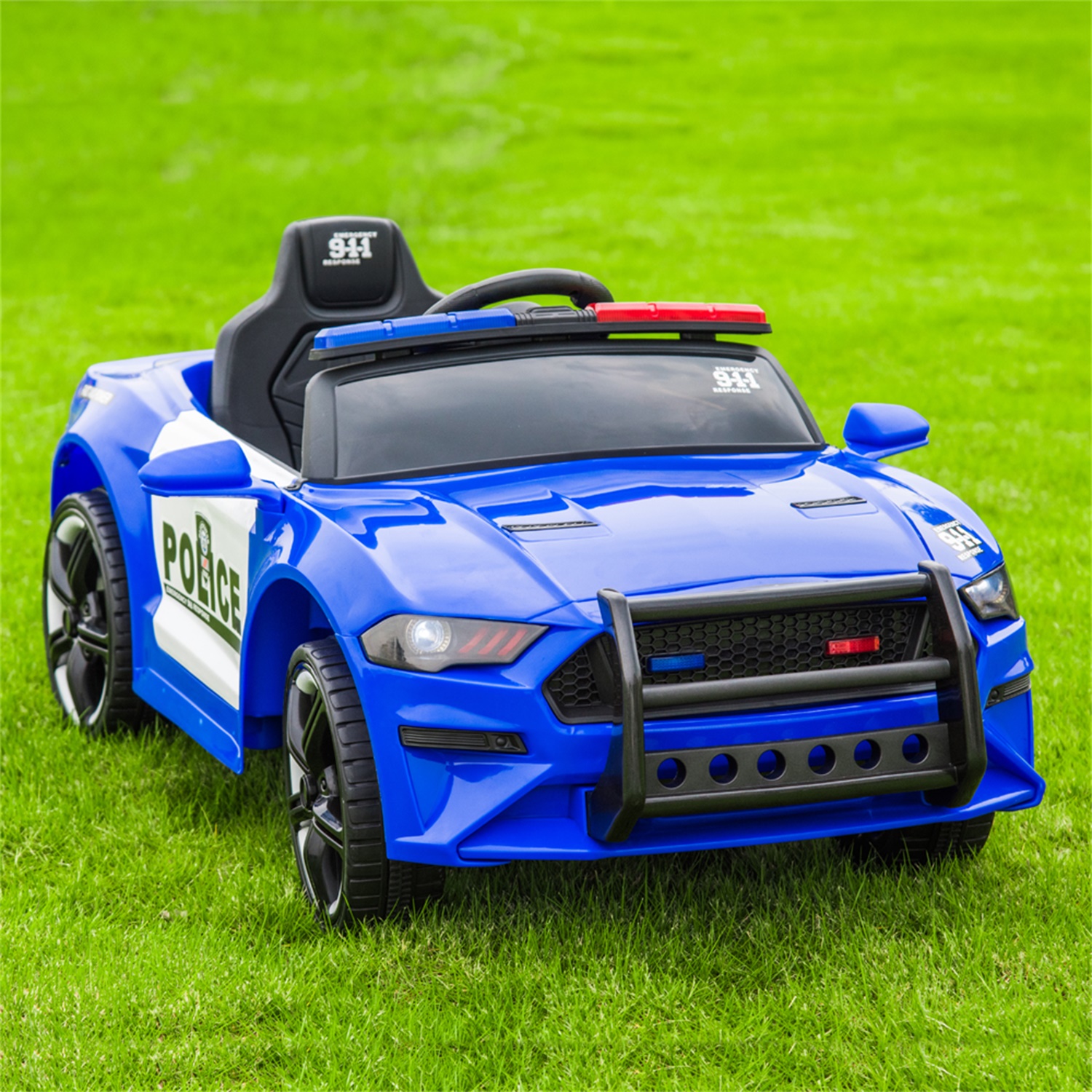 CIPACHO 12V Kids Ride On Car, Police Sports Car with Remote Control, LED Lights, Siren, Microphone, Blue