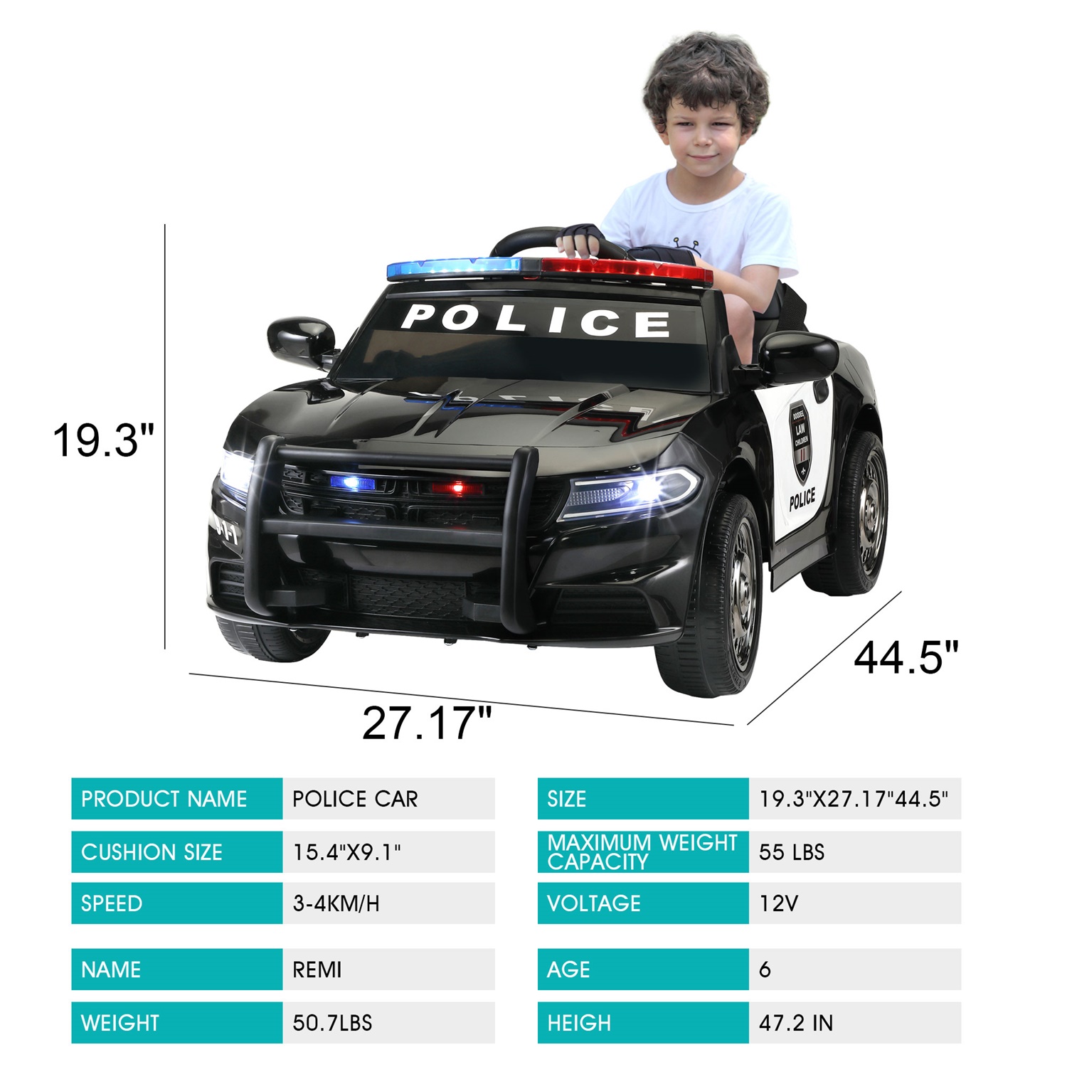 CIPACHO 6V Powered Ride Ons Police Car for Kids, RC Electric Vehicle Toy with Spring Suspension, Siren Flashing Light, MP3, Horn, Black