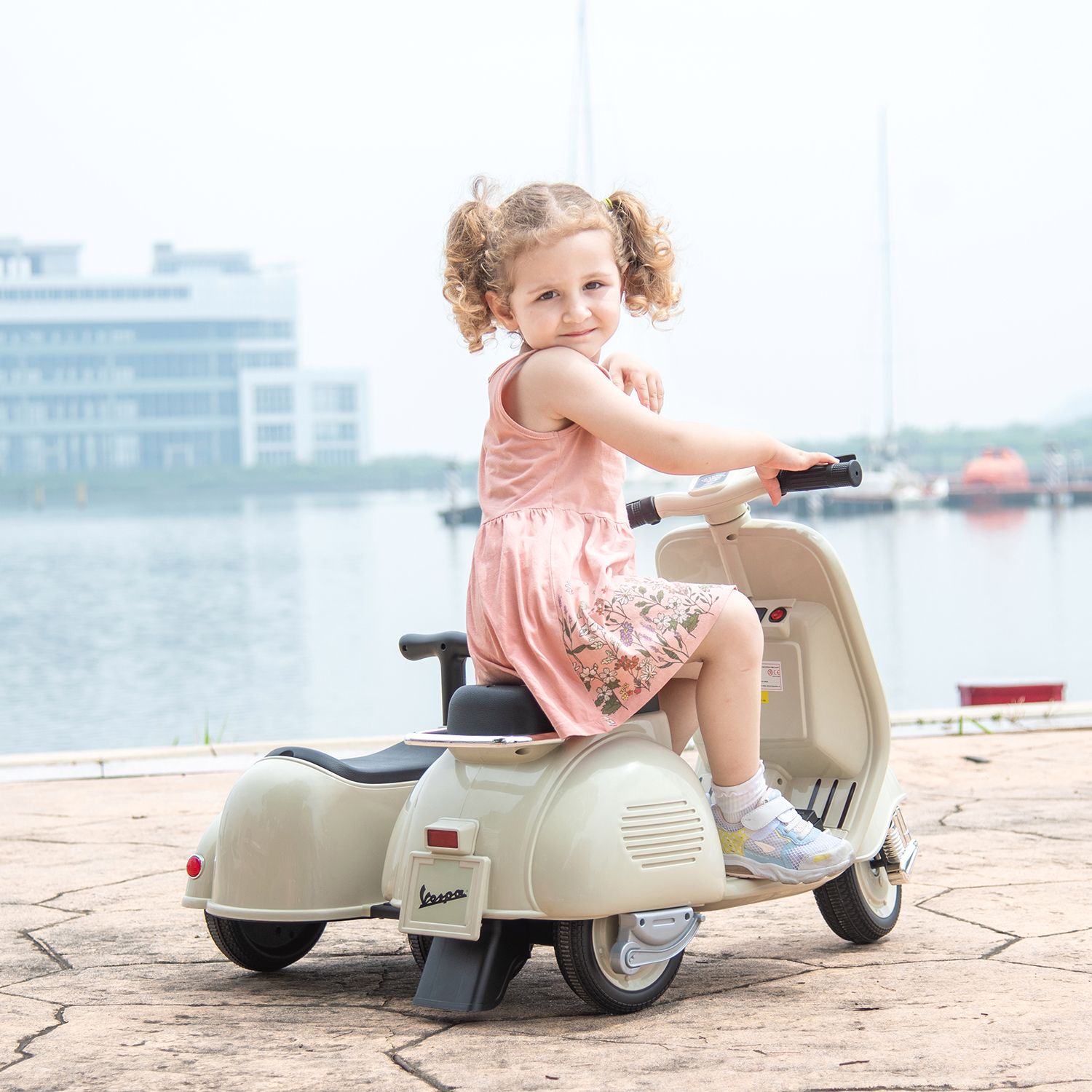 CIPACHO 6V Licensed Vespa Scooter Ride On Motorcycle for Kids, 3-Wheel Electric Kids Car for 3-8, Beige