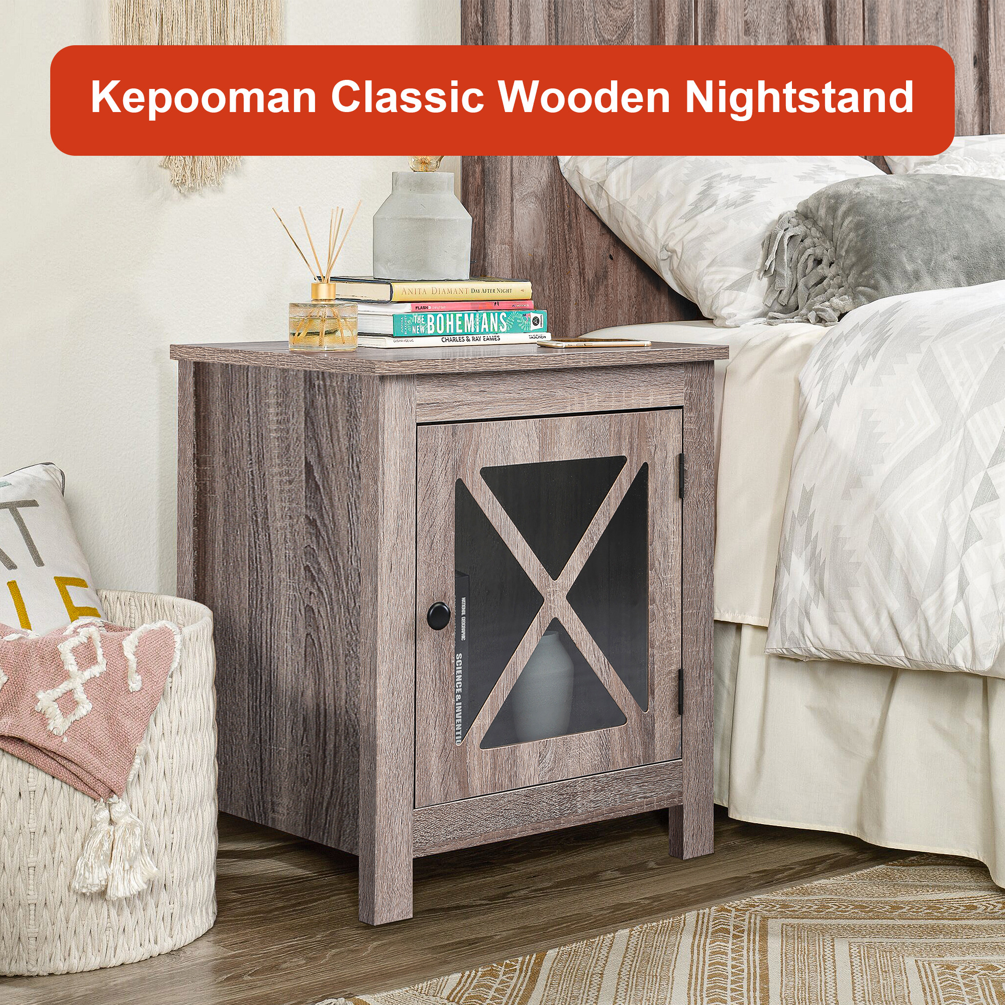 Spaco Nightstand Set of 2 Side Table End Table with X design glass Door , Light Gray Wood