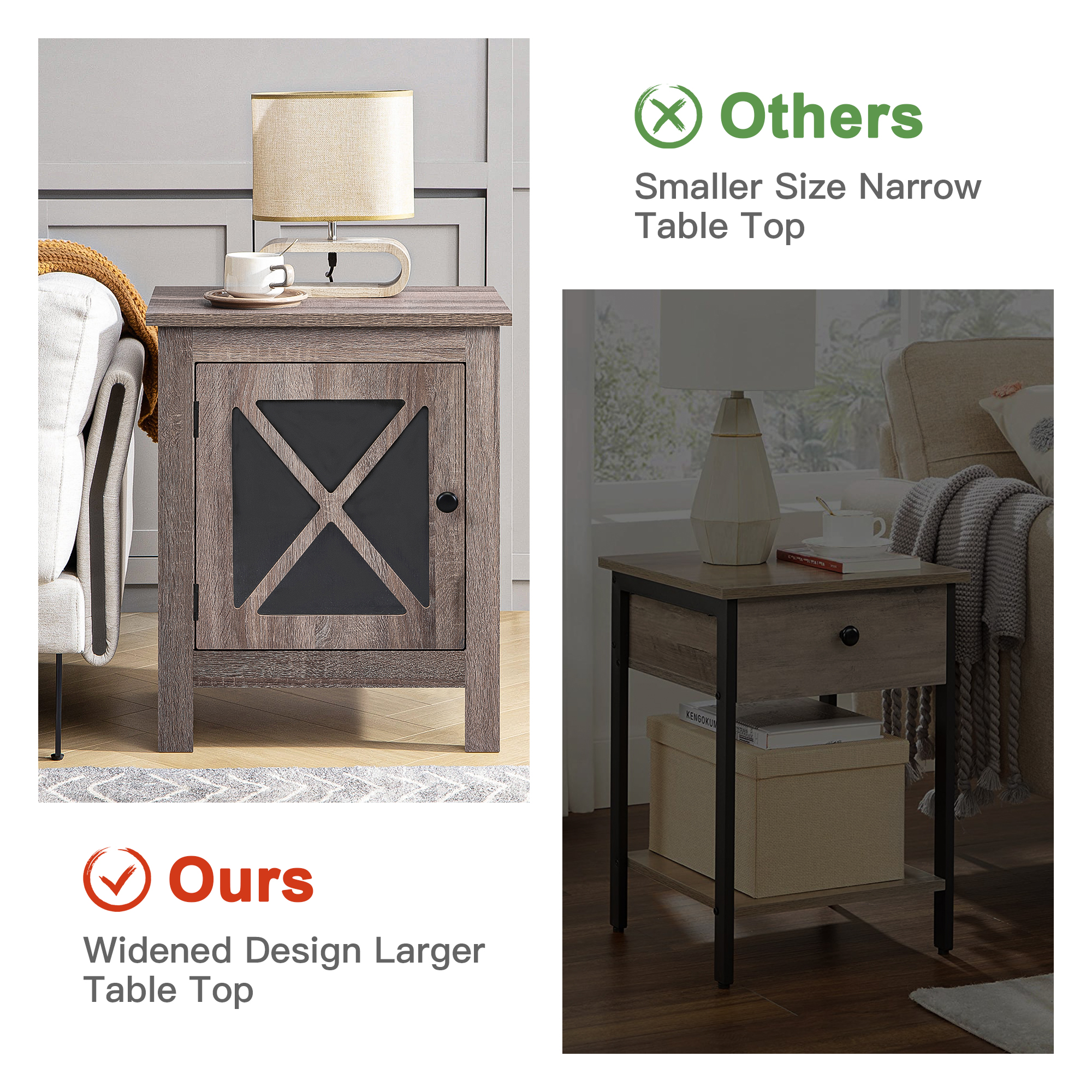 Spaco Nightstand Set of 2 Side Table End Table with X design glass Door , Light Gray Wood