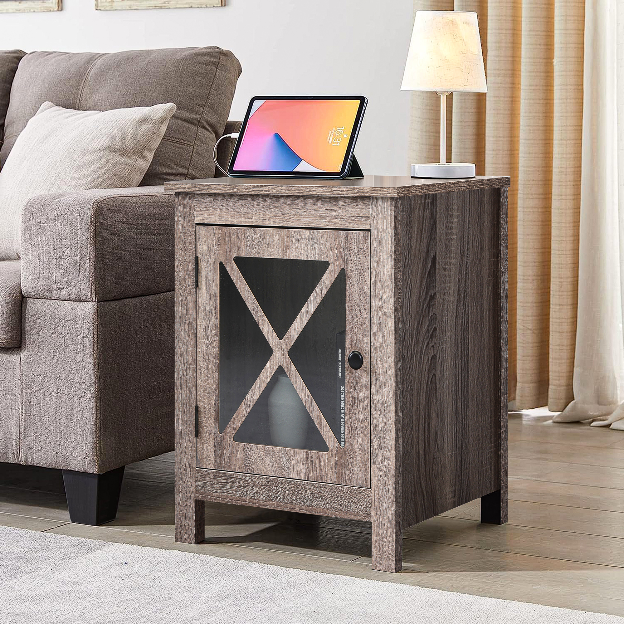 Spaco Nightstand Set of 2 Side Table End Table with X design glass Door , Light Gray Wood