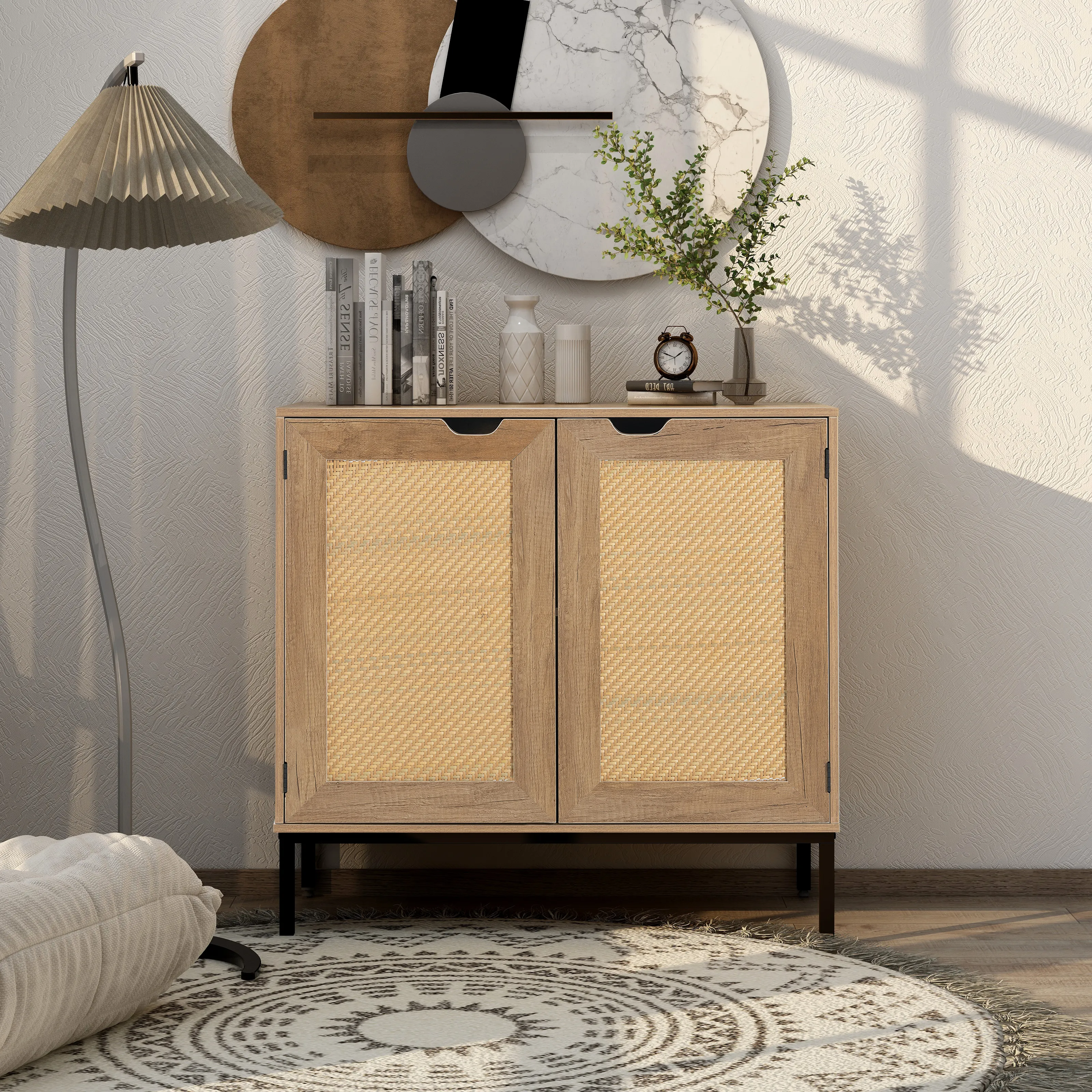 Spaco Rattan Storage Cabinet with 2 Doors Accent Bedroom Furniture for Living Room, Nature