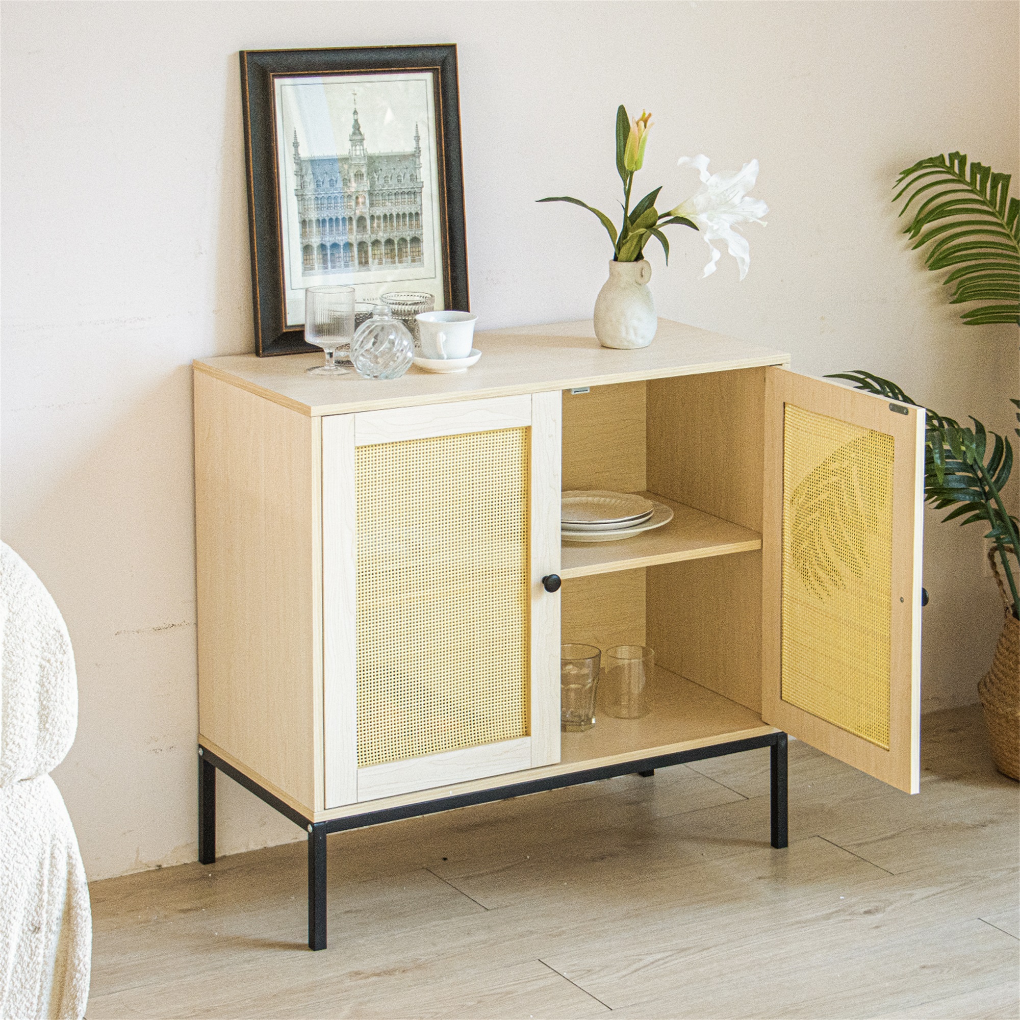 Spaco 31.5' Storage Cabinet with 2 Rattan Doors Bedroom Furniture, Natural