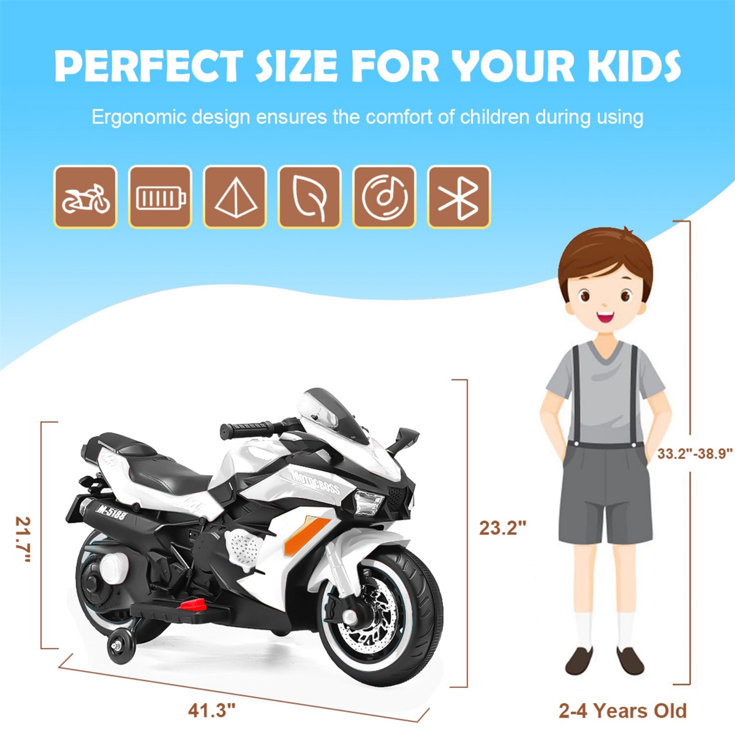 CIPACHO 12V Kids Motorcycle, Rechargeable Kids Ride On Car with Training Wheels Electric Motorcycles, White