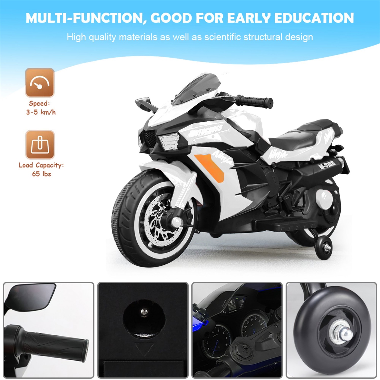 CIPACHO 12V Kids Motorcycle, Rechargeable Kids Ride On Car with Training Wheels Electric Motorcycles, White