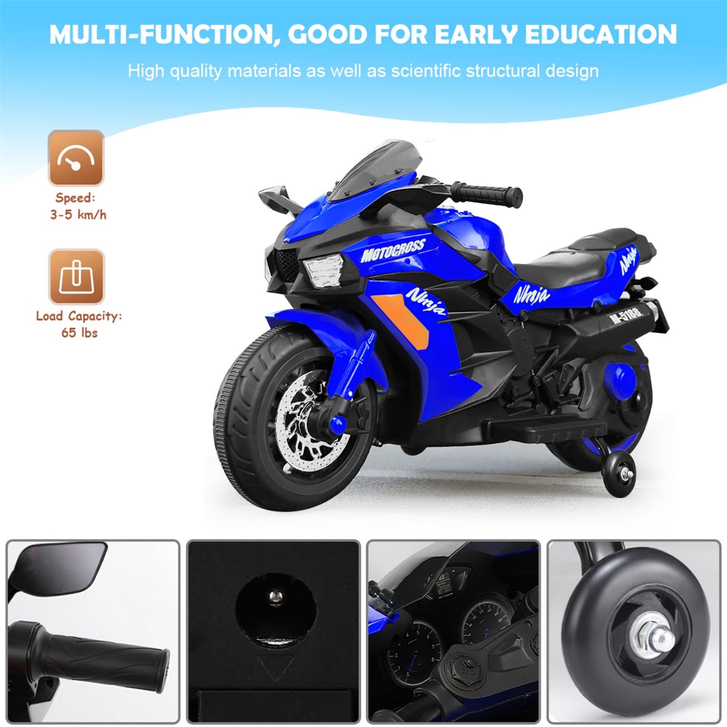 CIPACHO 12V Kids Motorcycle, Rechargeable Kids Ride On Car with Training Wheels Electric Motorcycles, Blue