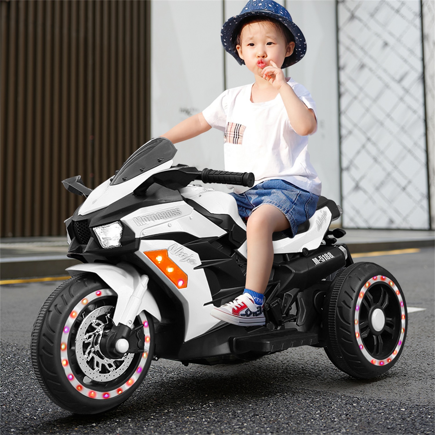 CIPACHO 12V Powered Ride Ons Electric 3Wheel Motorbike Kids Rechargeable Toy Car with Upgrade the Luminous Wheel, White