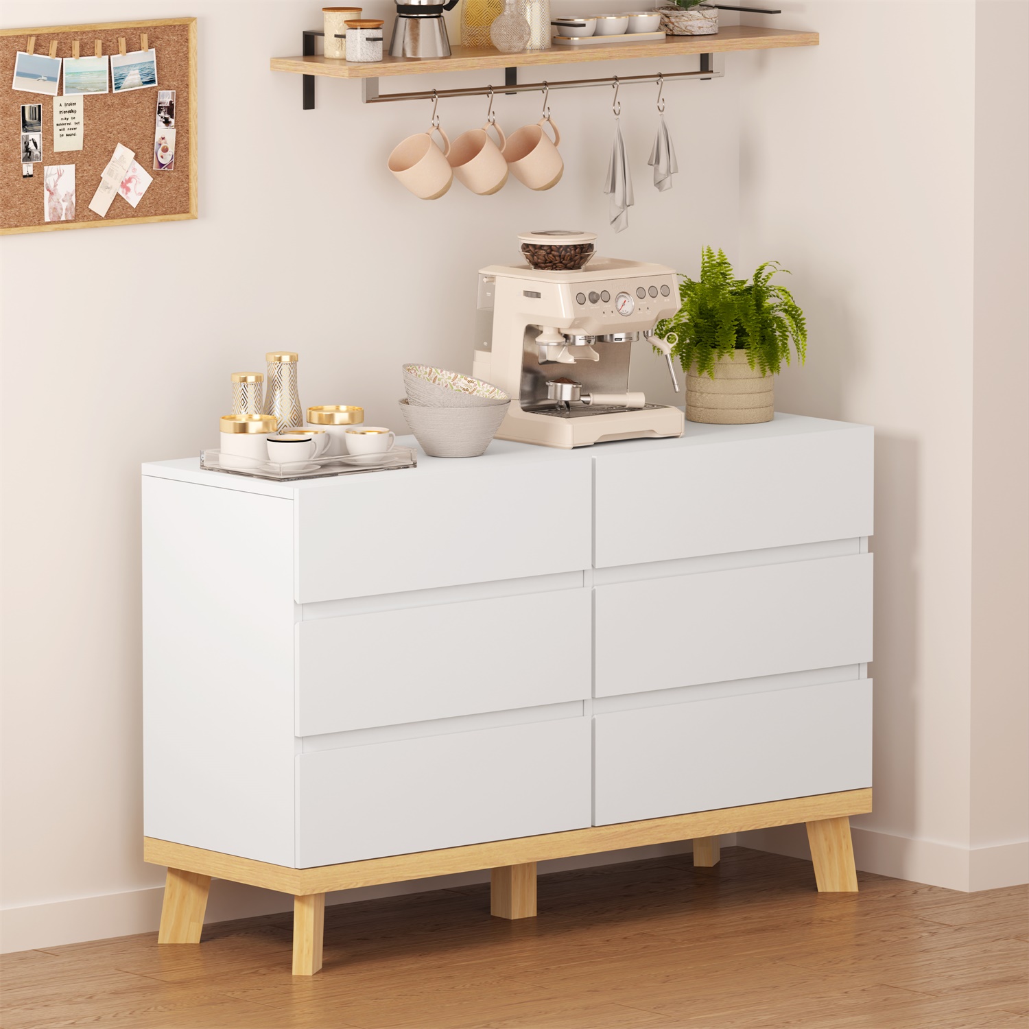 Kadyn 47.24"6-Drawers MDF Chest of Drawers, Nursery Double Dresser for Living Room, White Sideboard Storage Cabinet