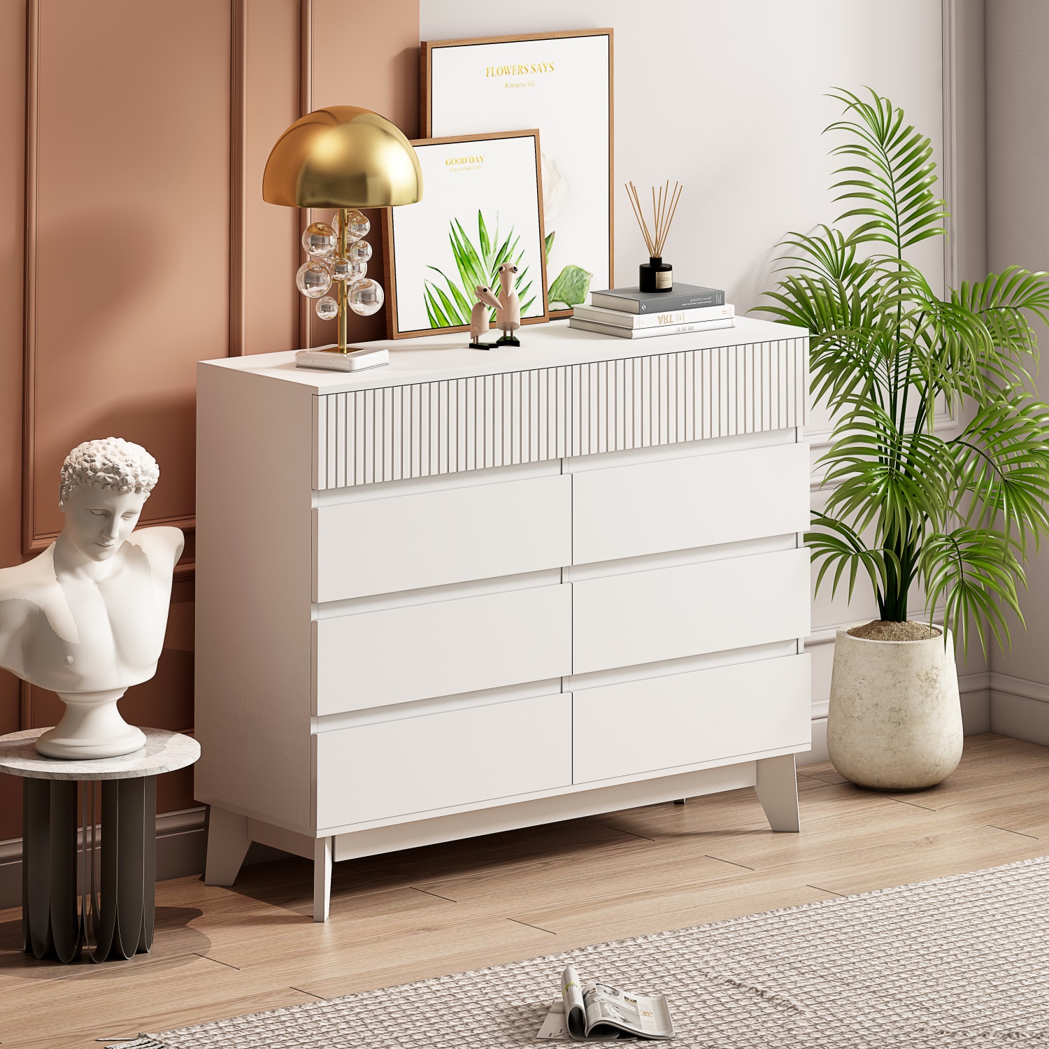 Kadyn 8-Drawer Nursery Dresser, Chest of Drawers with Decorative Finish, White TV Stand, Storage Cabinet for Bedroom