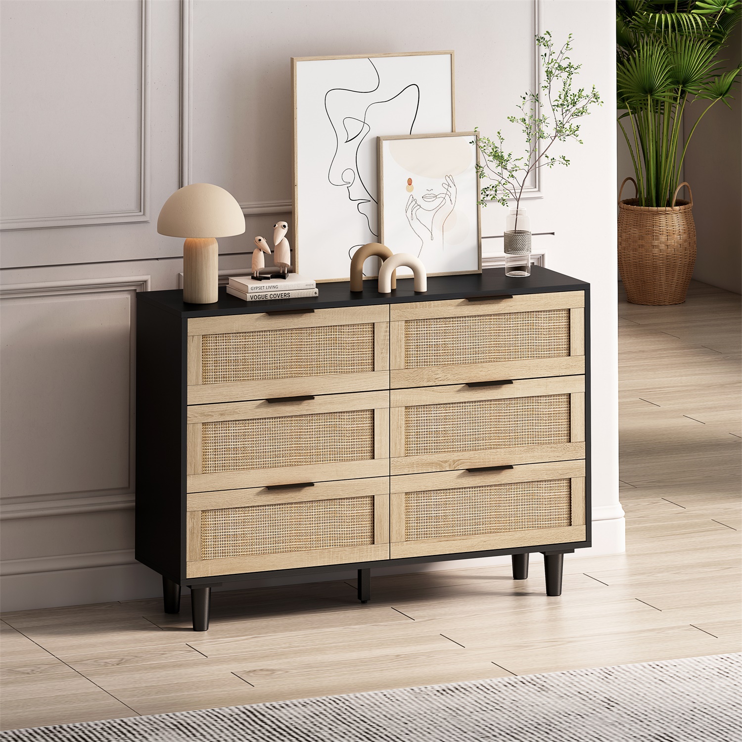 Kadyn 43.31"H 6-Drawers Rattan Storage Cabinet, Chest of Drawers for Bedroom, Black Nursery Dresser