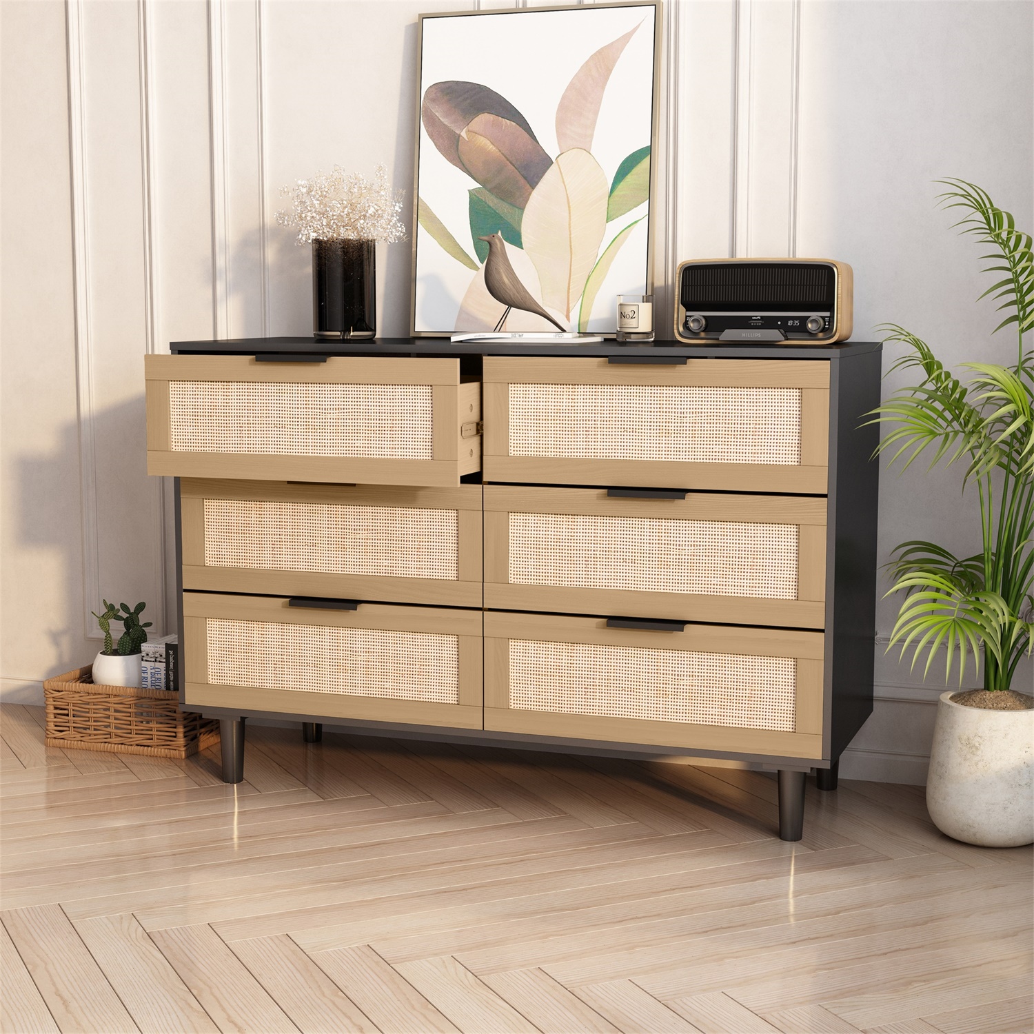 Kadyn Chest of Drawers, 6 Drawers Rattan Dresser for Bedroom with Black Handle, Black Nursery Dresser