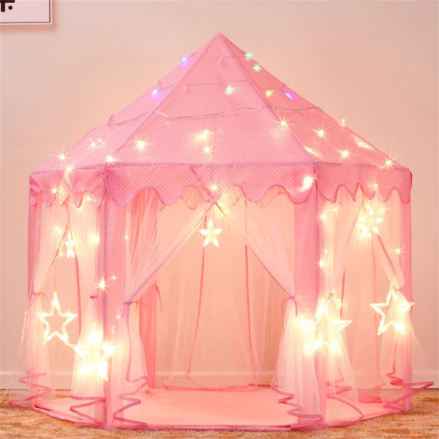 Kadyn Pink Play Tent for Kids, Kids Play Tent with Warm Color LED Lights and Carry Bag, Toddler Tent