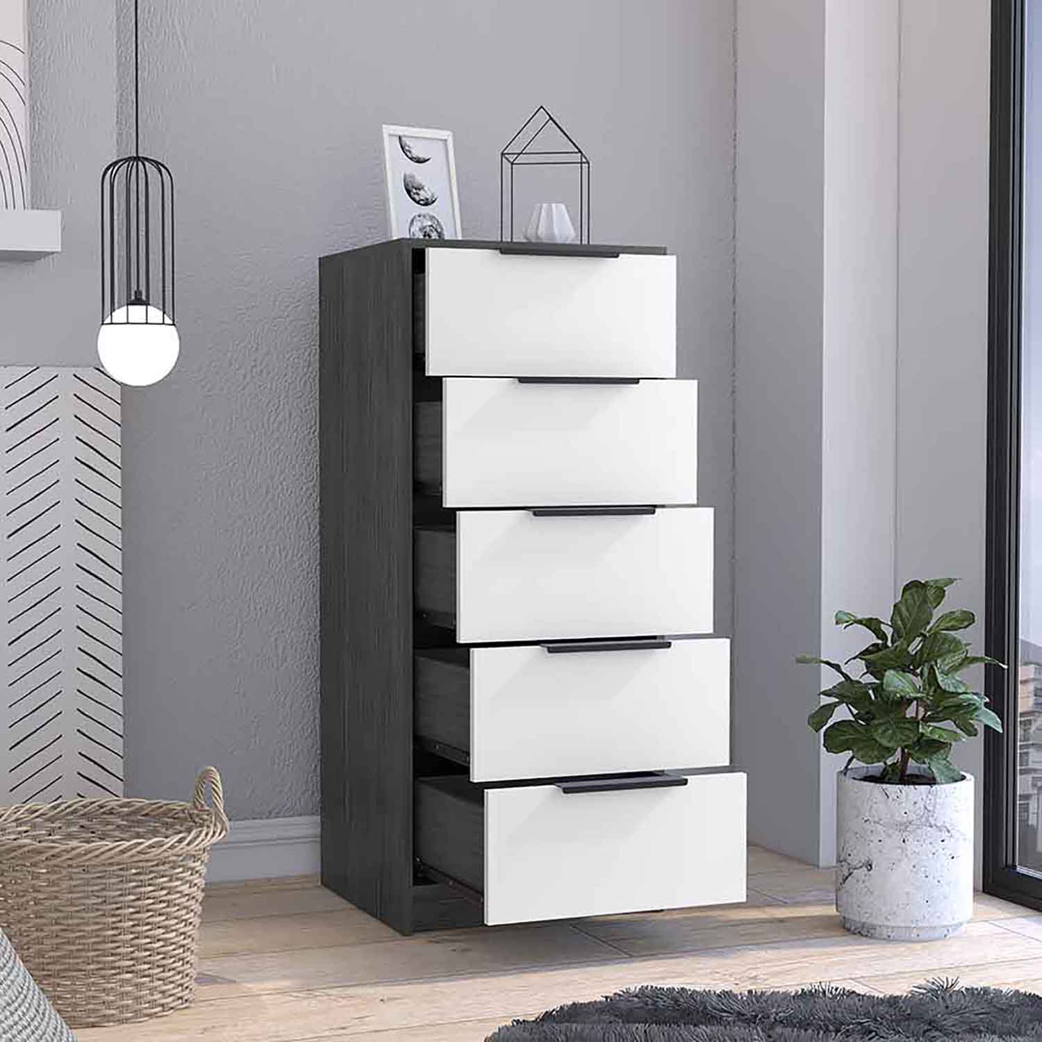 Kadyn 5 Drawers Dresser, Chest of Drawers with Metal Handle, Gray Storage Cabinet, Nursery Dresser