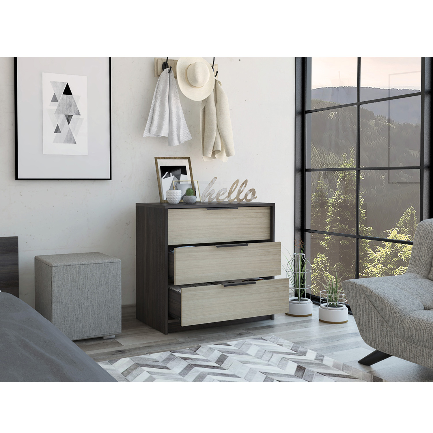 Kadyn 16.3" 3 Drawers Dresser, Chest of Drawers for Living Room, Black Particle Board Nightstand