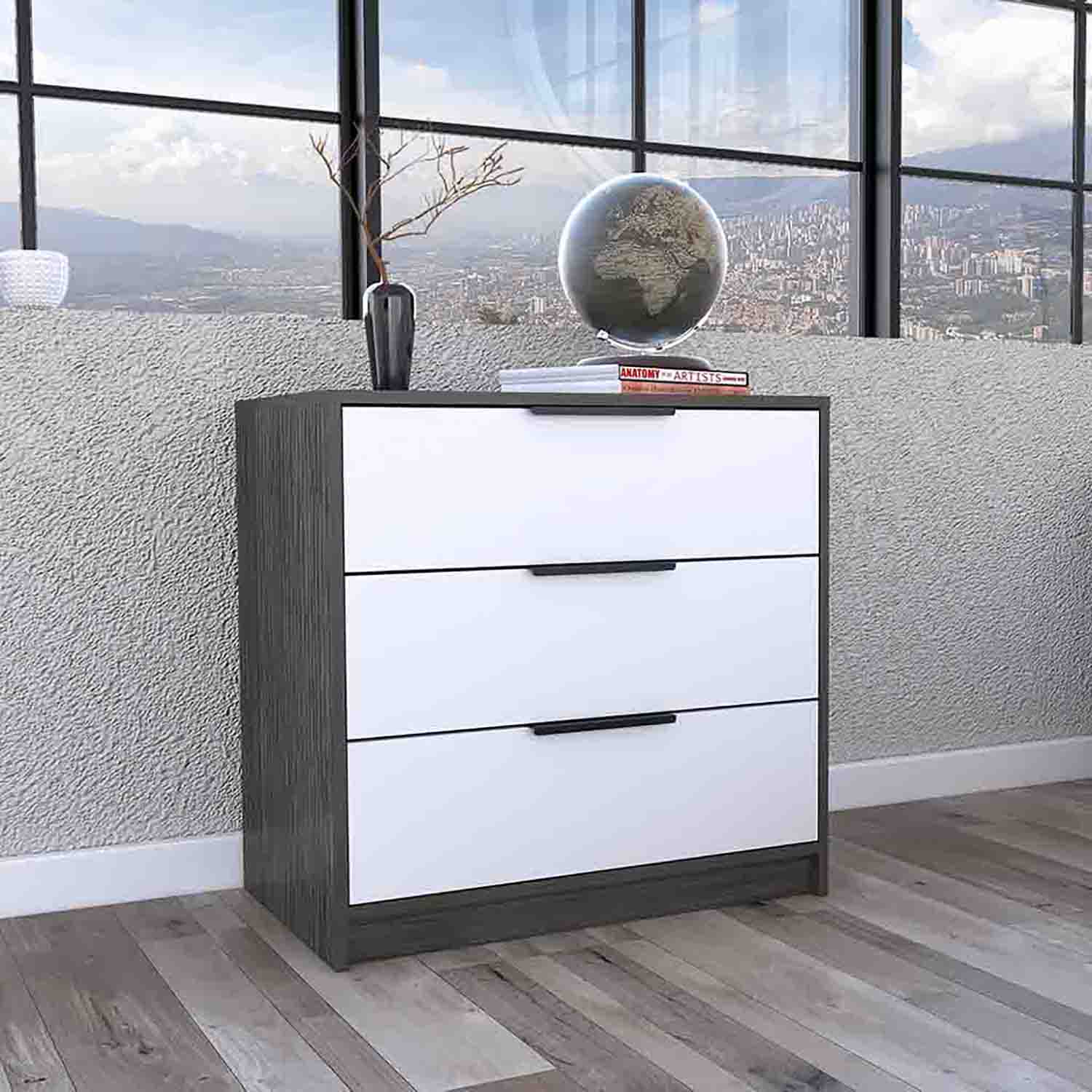 Kadyn 27" 3 Drawers Dresser, Chest of Drawers for Living Room, Gray Particle Board Nightstand