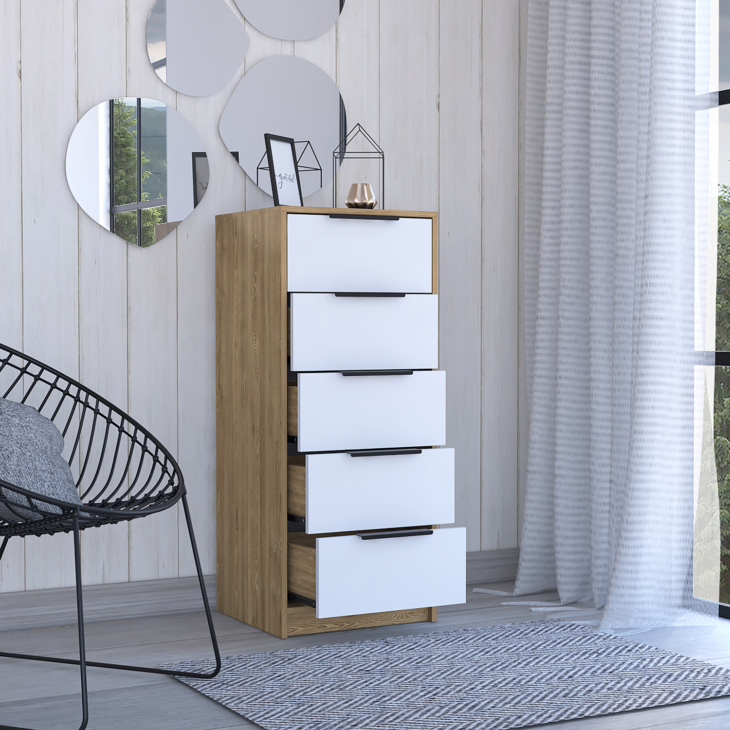 Kadyn 5 Drawers Dresser, Chest of Drawers with Metal Handle, White+Wood Storage Cabinet, Nursery Dresser