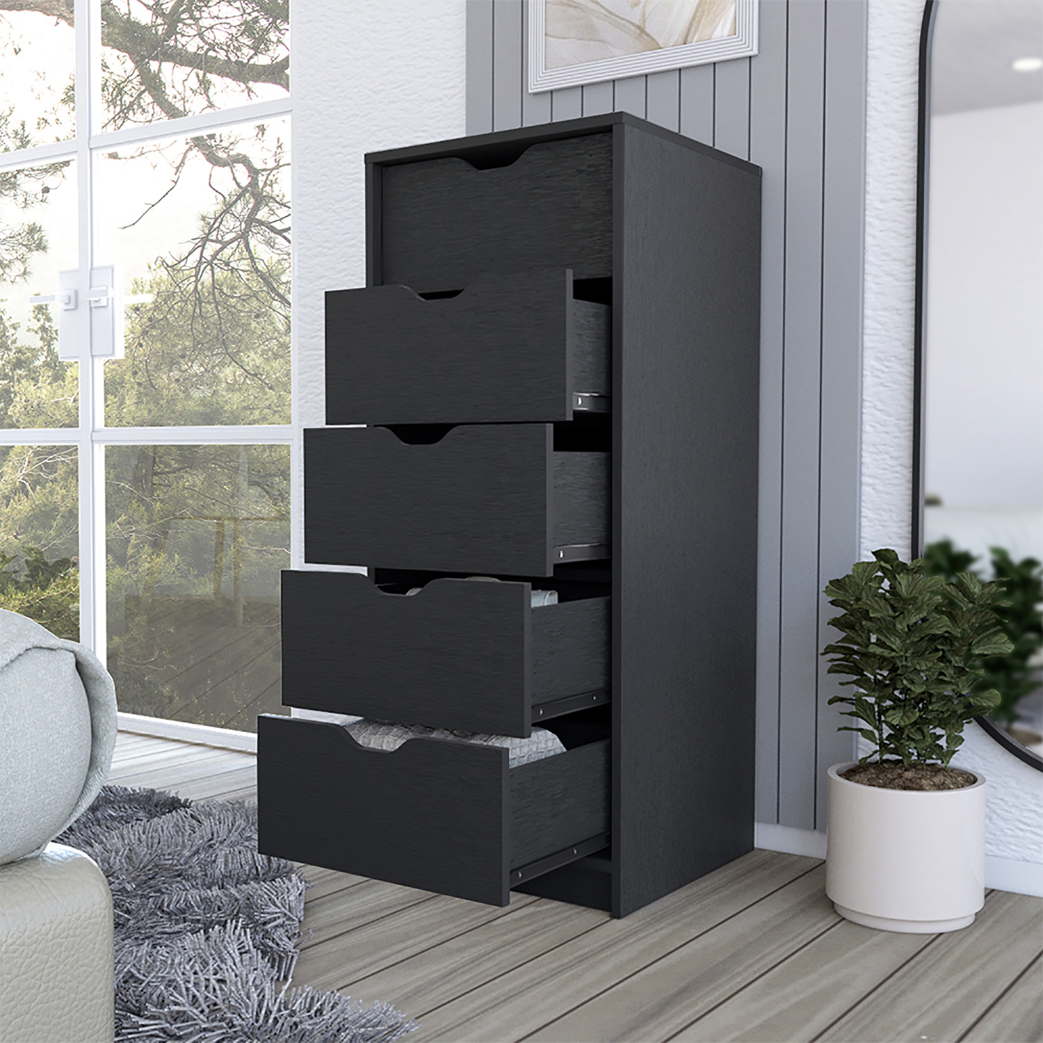 Kadyn 5 Drawers Dresser, Chest of Drawers with Metal Handle, Black Storage Cabinet, Nursery Dresser