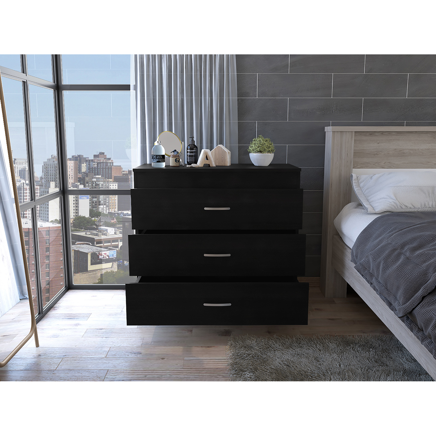 Kadyn Three Drawer Dresser, Chest of Drawers with Metal Hardware, Storage Cabinet for Bedroom, Black Nightstand