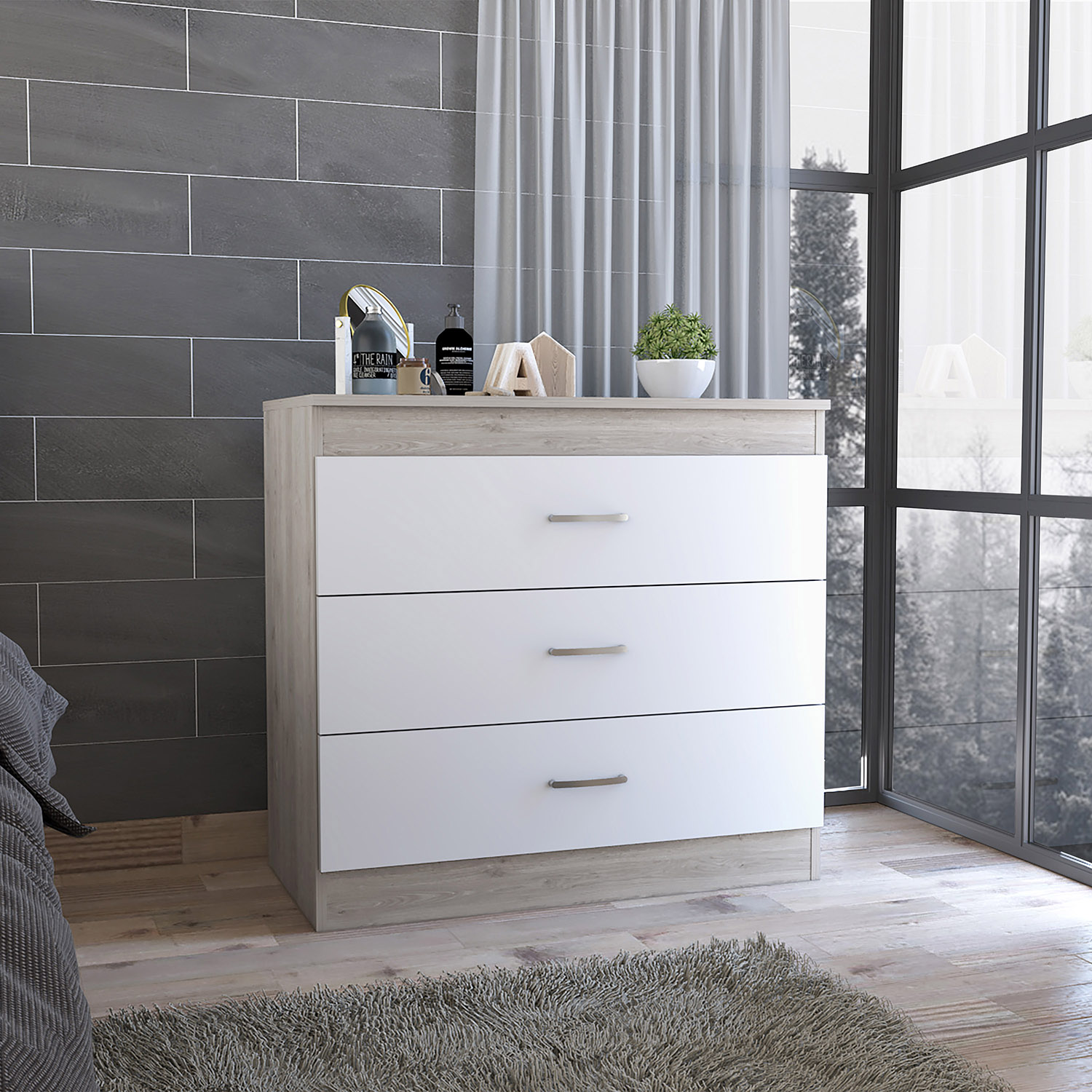 Kadyn Three Drawer Dresser, Chest of Drawers with Metal Hardware, Storage Cabinet for Bedroom, White Nightstand