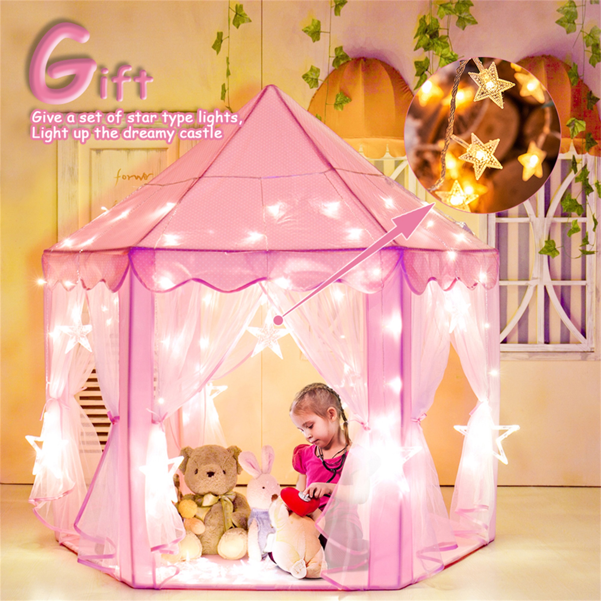 Spaco Princess Castle Play House for Child Indoor Kids Play Tent w/ Star Lighting Set, Birthday Gift, Pink