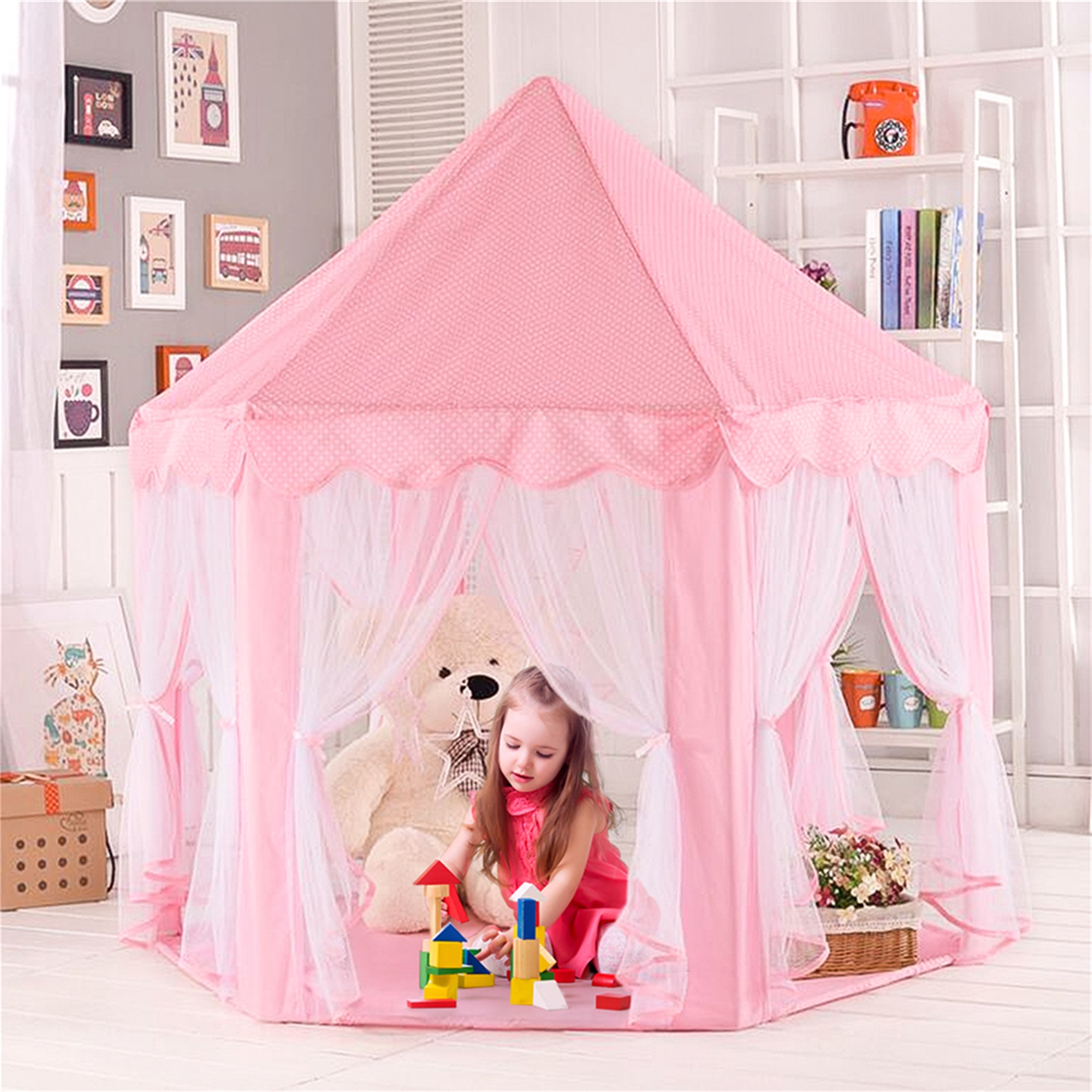 Spaco Princess Castle Play House for Child Indoor Kids Play Tent w/ Star Lighting Set, Birthday Gift, Pink