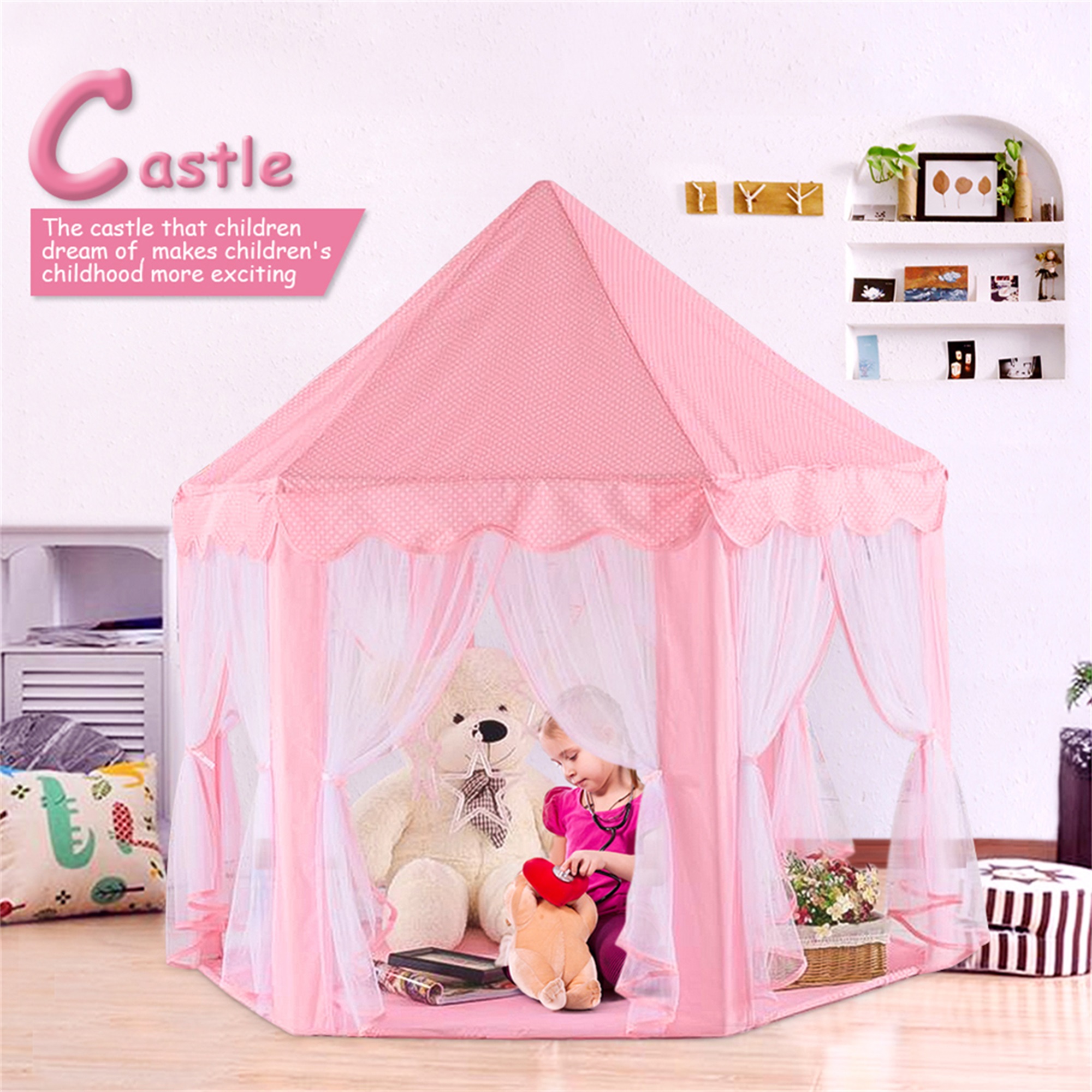 Spaco Princess Castle Play House for Child Indoor Kids Play Tent w/ Star Lighting Set, Birthday Gift, Pink