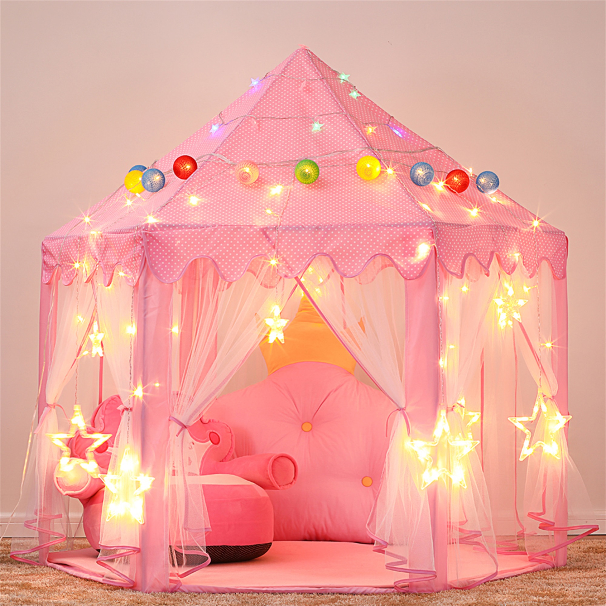 Spaco Princess Castle Play House for Child Indoor Kids Play Tent w/ Star Lighting Set, Birthday Gift, Pink