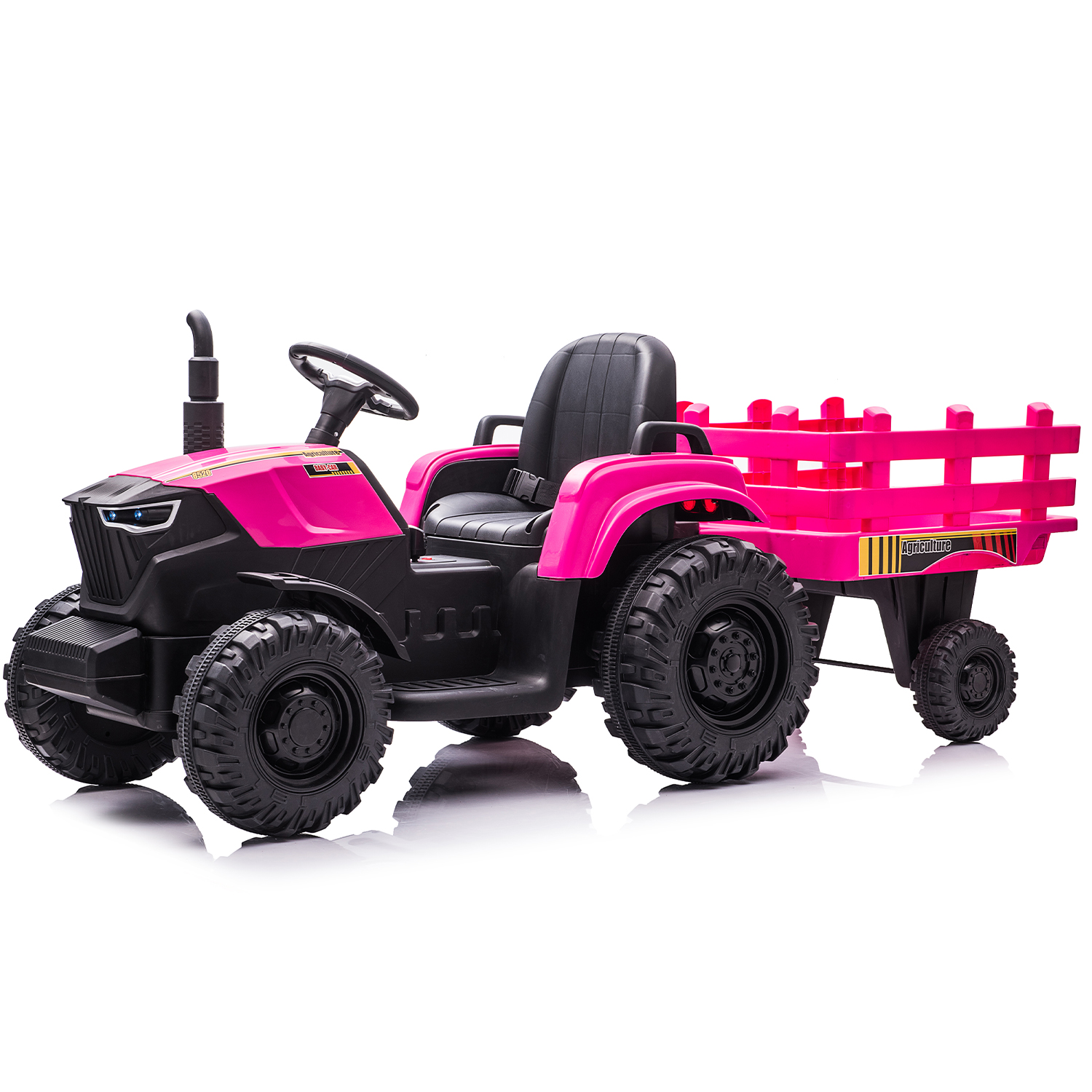 CIPACHO 24V Electric Ride On Tractor Car for Kids with Trailer, USB, LED Lights, Safety Belt, Tractor Sound (No Music), Pink