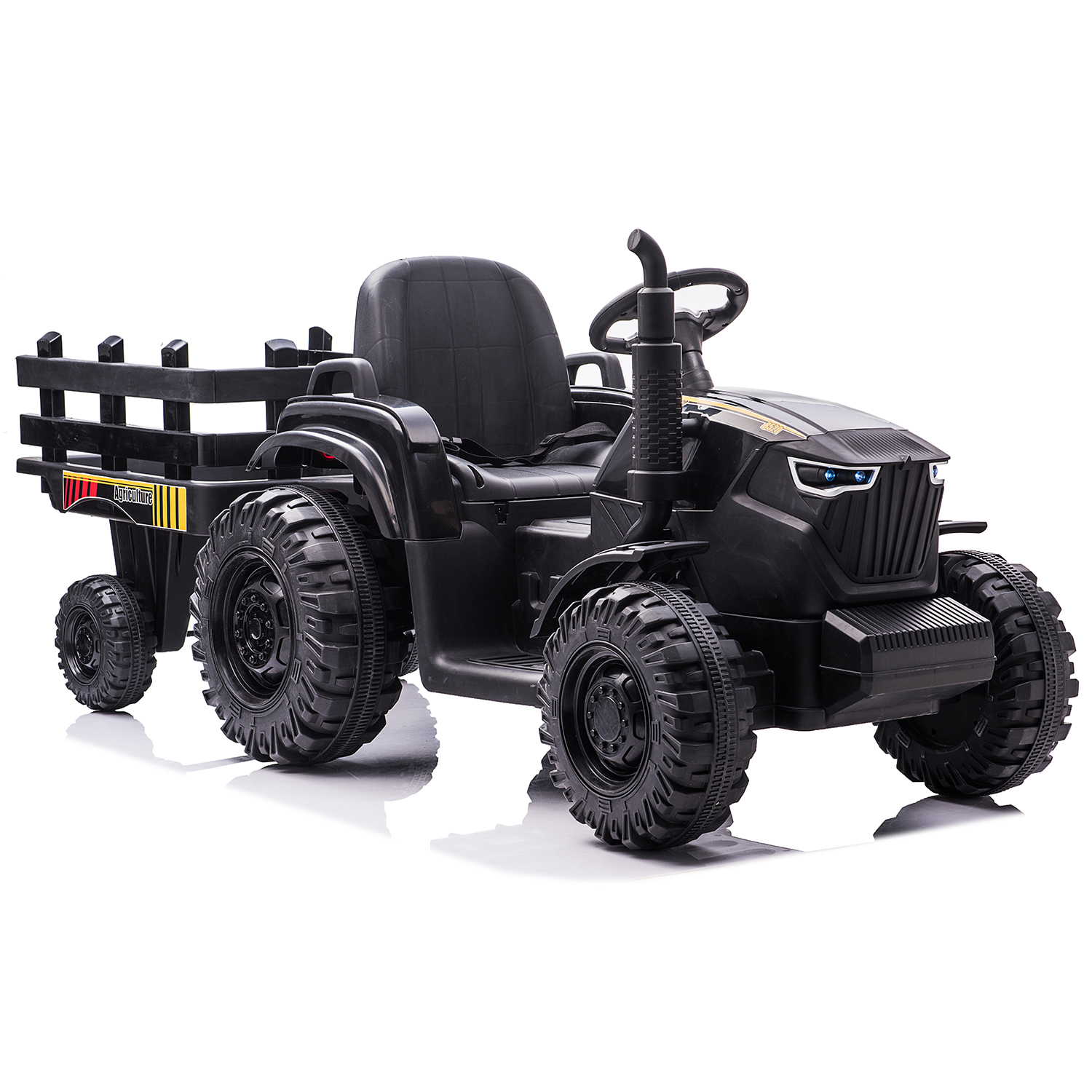 CIPACHO 24V Electric Ride On Tractor Car for Kids with Trailer, USB, LED Lights, Safety Belt, Tractor Sound (No Music), Black